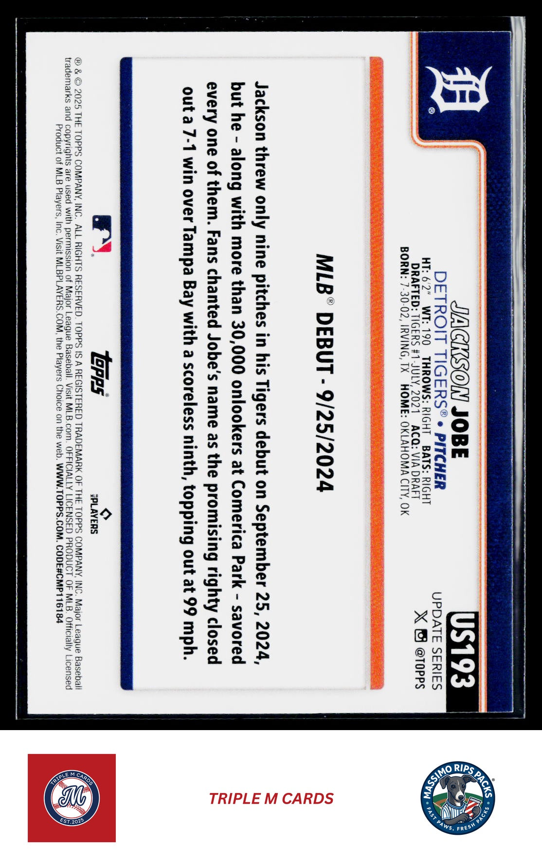 2025 Topps Update #US193 Jackson Jobe