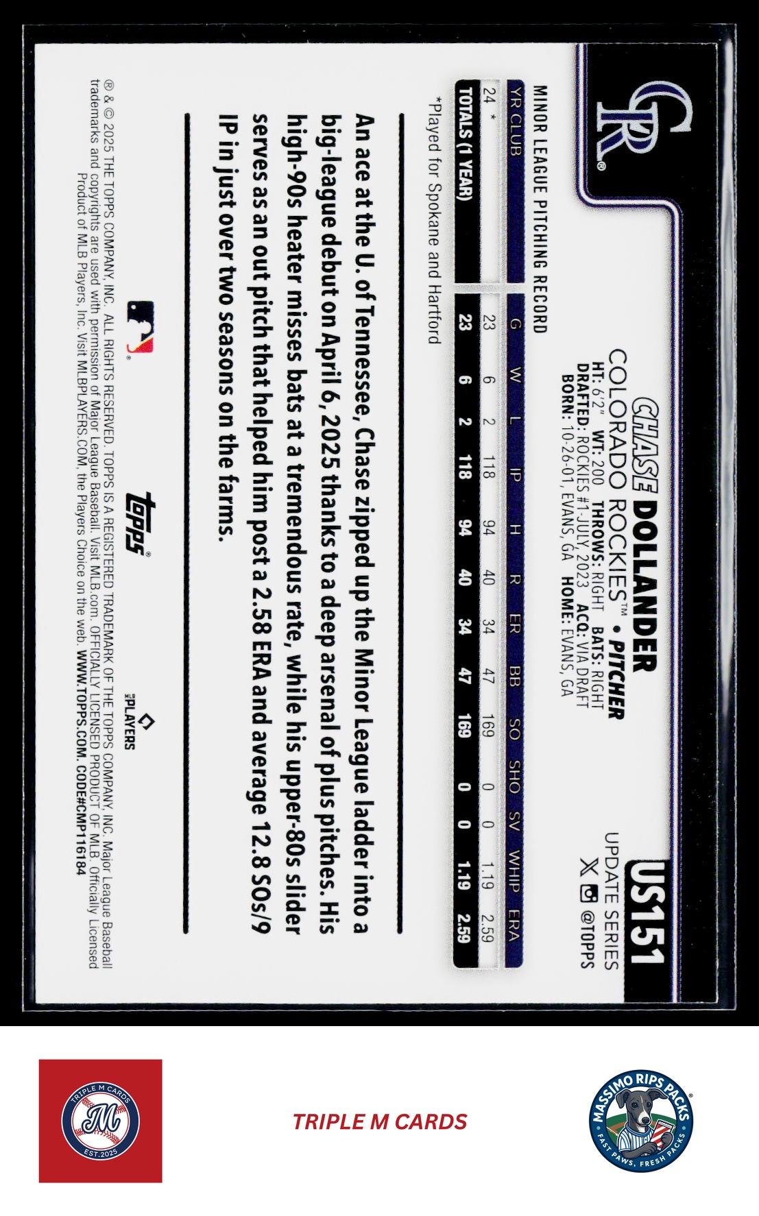 2025 Topps Update #US151 Chase Dollander
