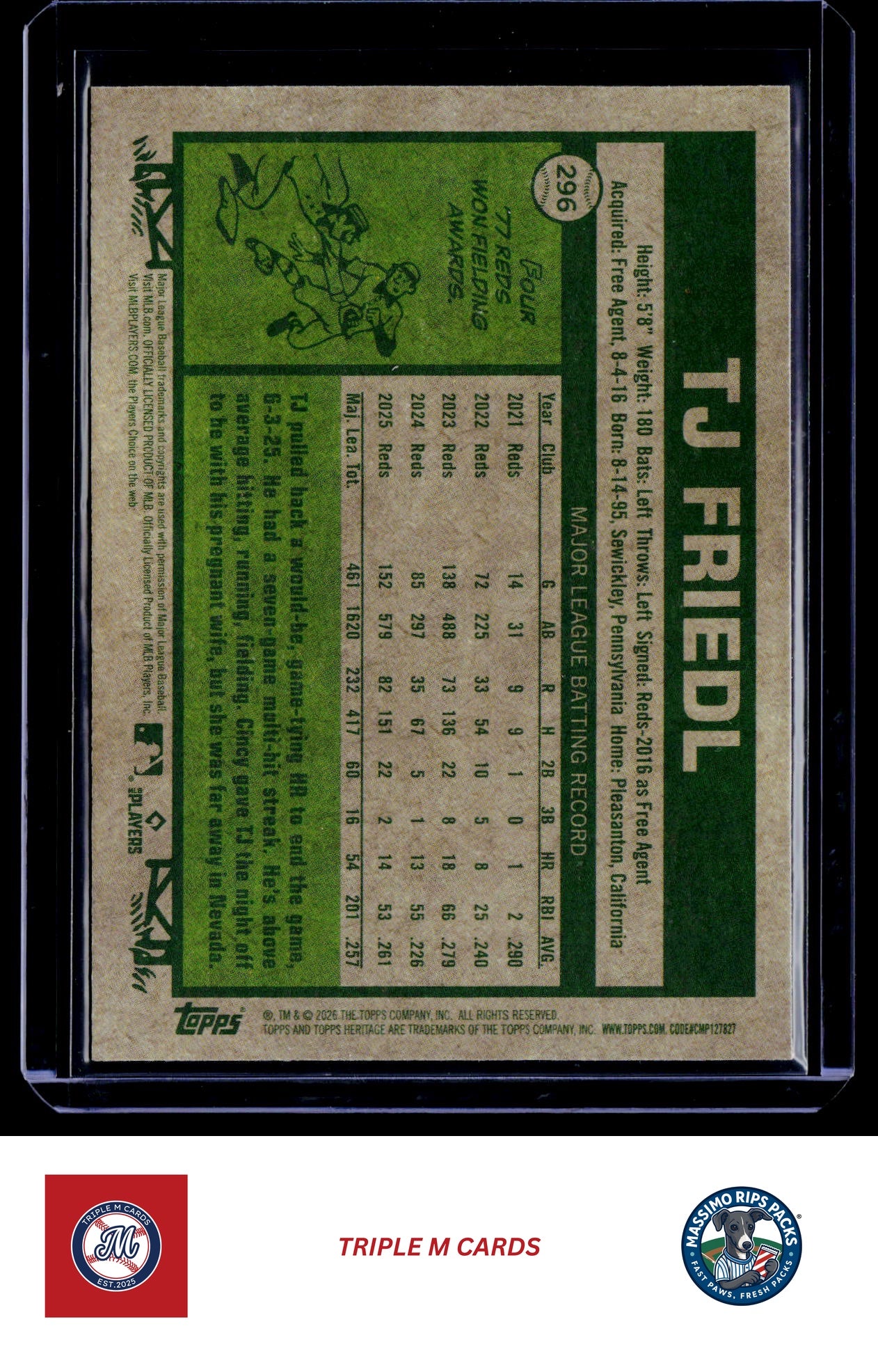 2026 Topps Heritage #296 TJ Friedl Chrome Light Blue Sparkle Refractors