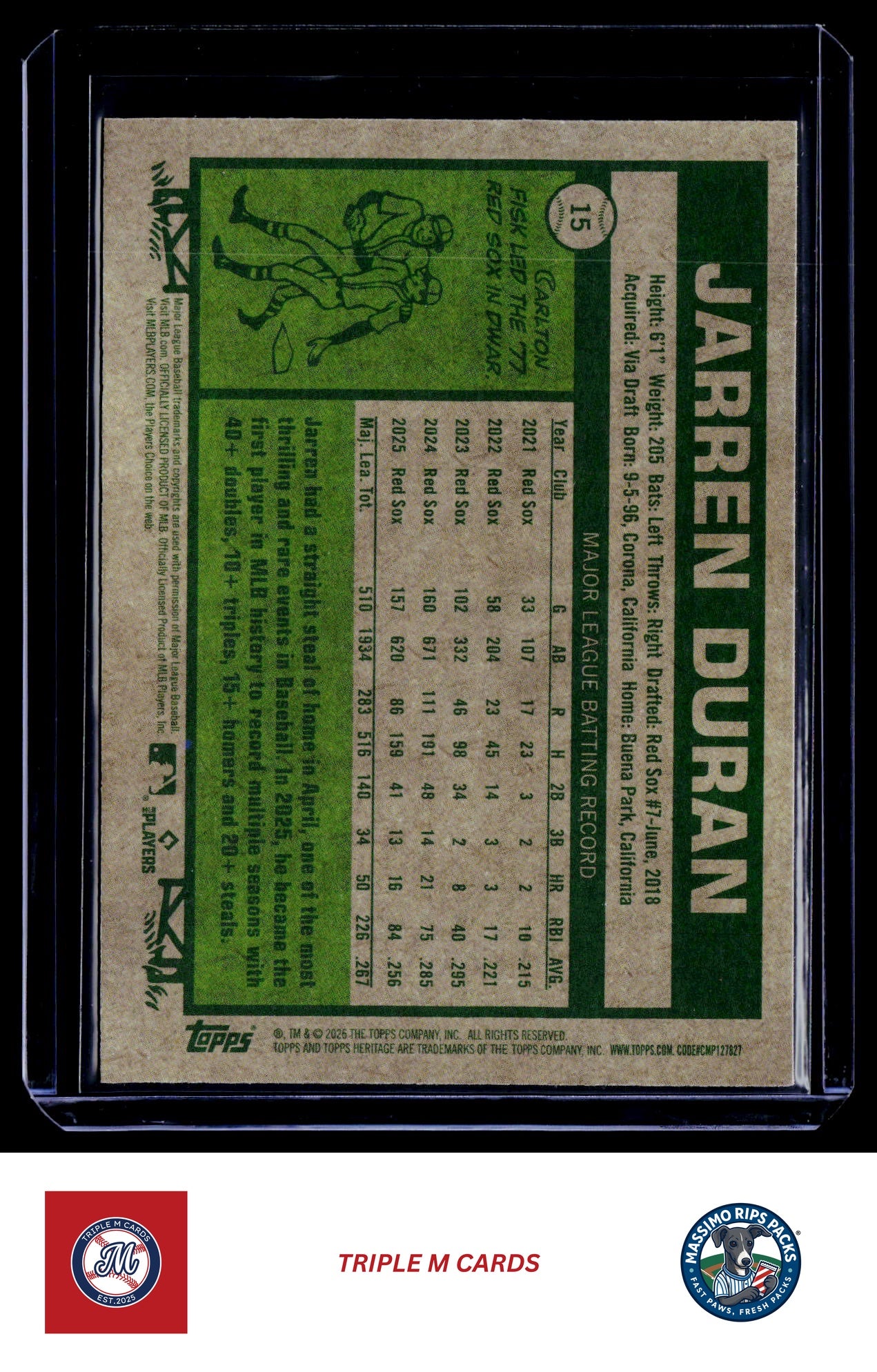 2026 Topps Heritage #15 Jarren Duran Chrome Light Blue Sparkle Refractors