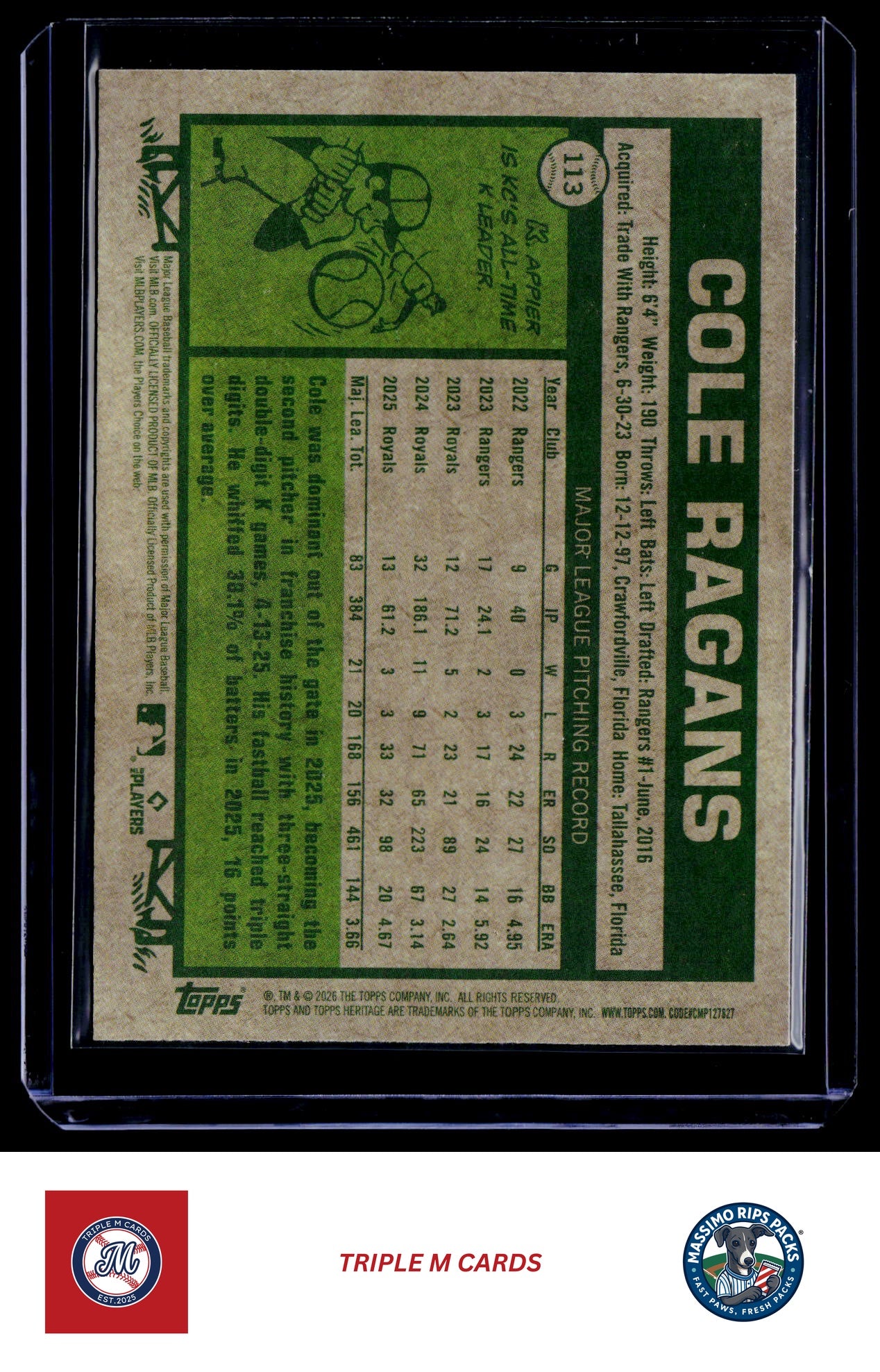 2026 Topps Heritage #113 Cole Ragans Chrome Light Blue Sparkle Refractors