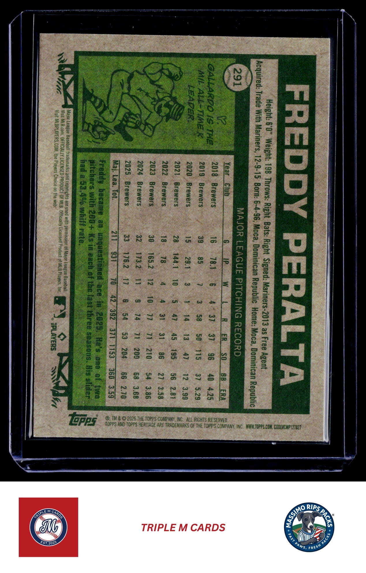 2026 Topps Heritage #291 Freddy Peralta Chrome Light Blue Sparkle Refractors