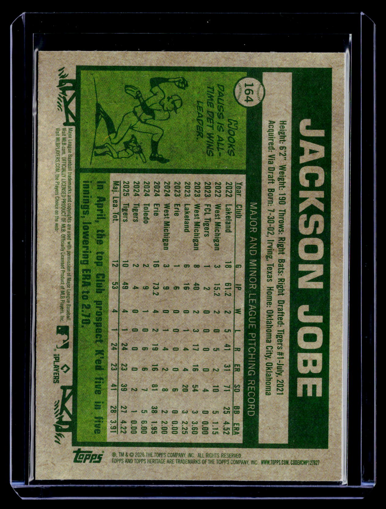 2026 Topps Heritage #164 Jackson Jobe Chrome Burgundy Sparkle Refractors