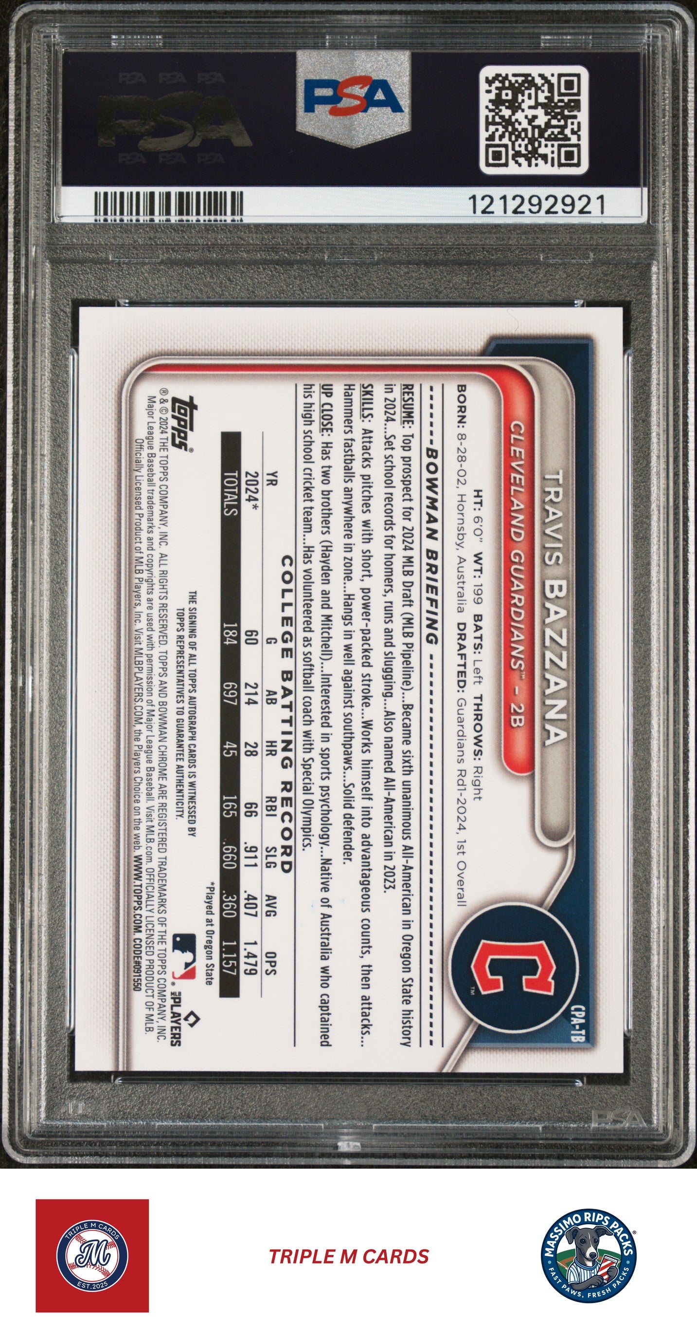 2024 Bowman Draft #CPA-TB Travis Bazzana Chrome Prospect Autographs PSA 9