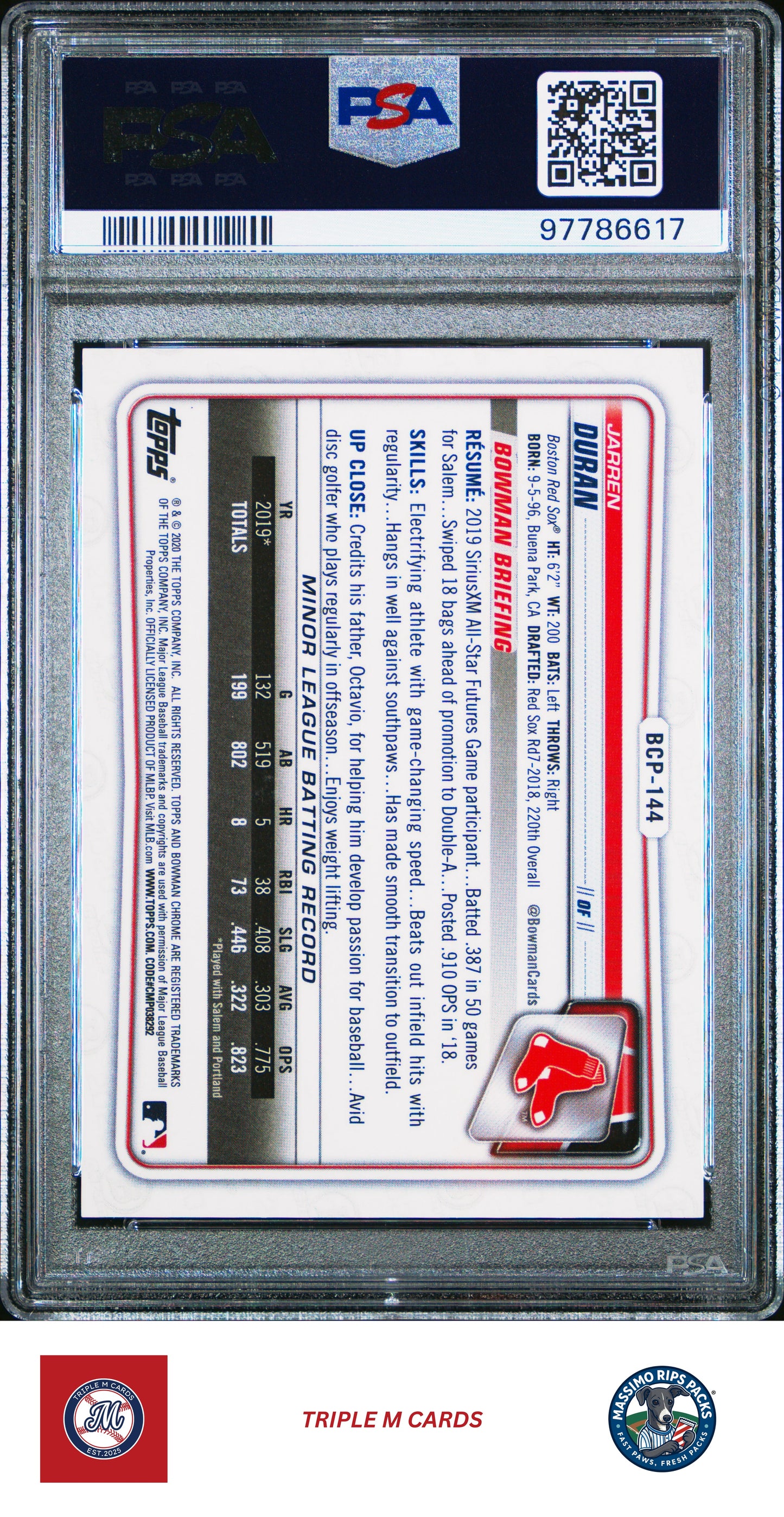 2020 Bowman Chrome Prospects #BCP144 Jarren Duran Prospects-Atomic Ref. PSA 9