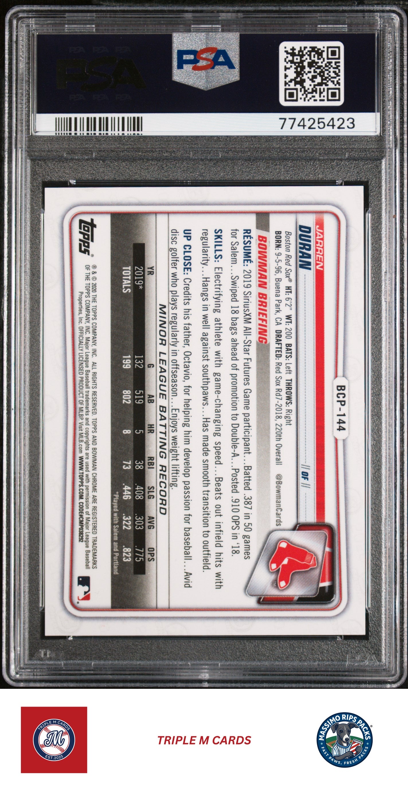 2020 Bowman #BCP-144 Jarren Duran PSA 8