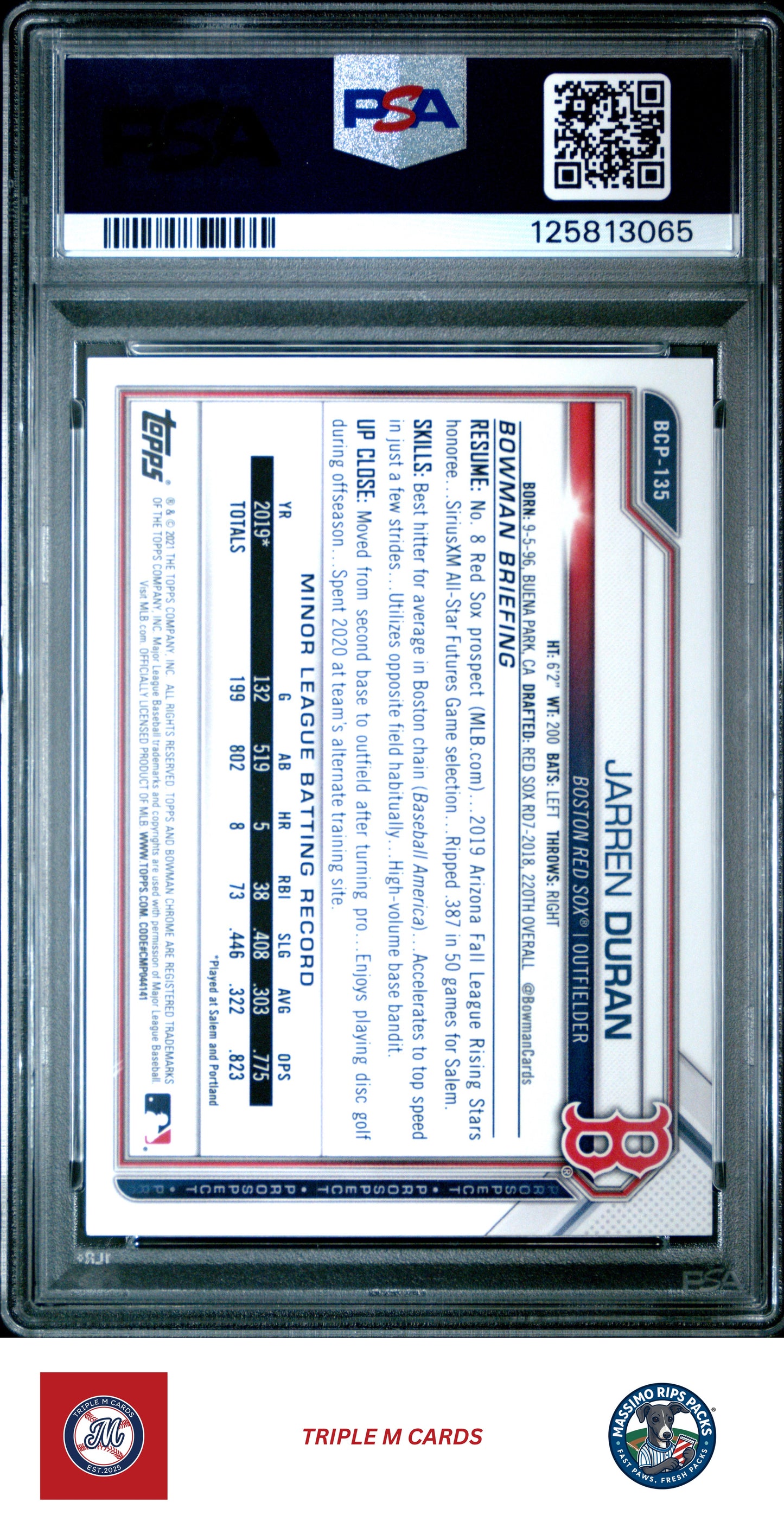 2021 Bowman Chrome Prospects #BCP135 Jarren Duran Chr.Pros-Green Refractor PSA 9