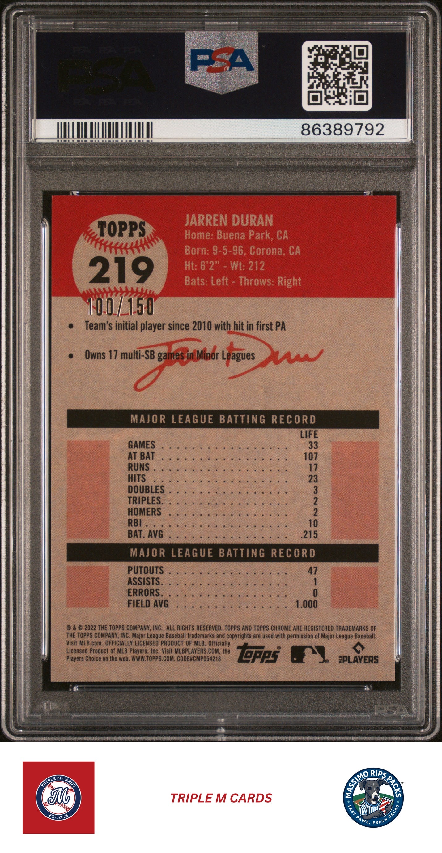 2022 Topps Chrome Platinum Anniversary #219 Jarren Duran PSA 9