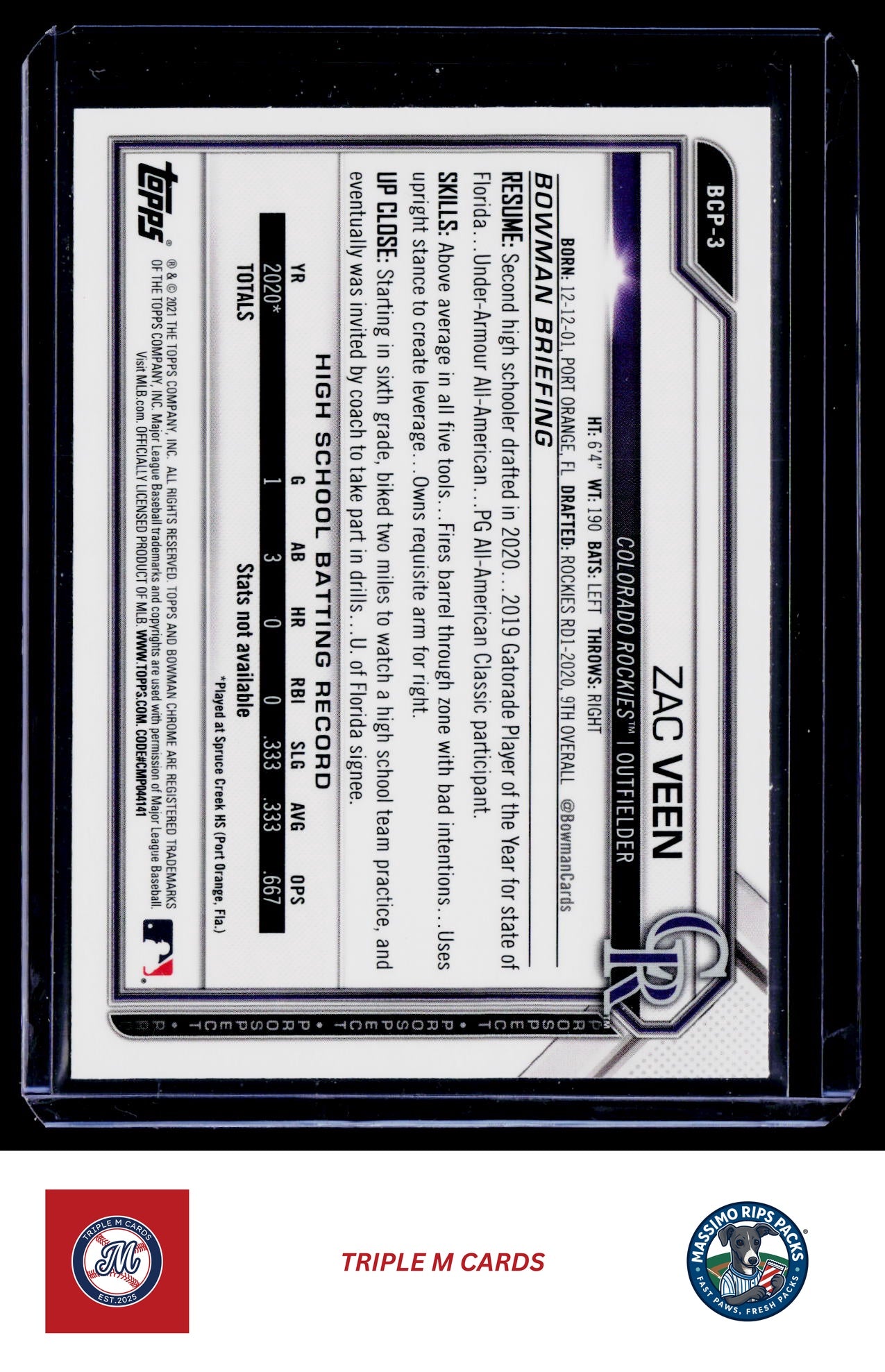 2021 Bowman #BCP-3 Zac Veen Chrome Prospects