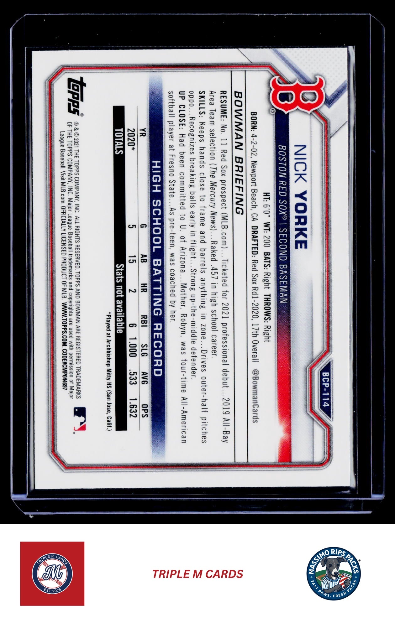 2021 Bowman #BCP-114 Nick Yorke Chrome Prospects Mojo Refractor