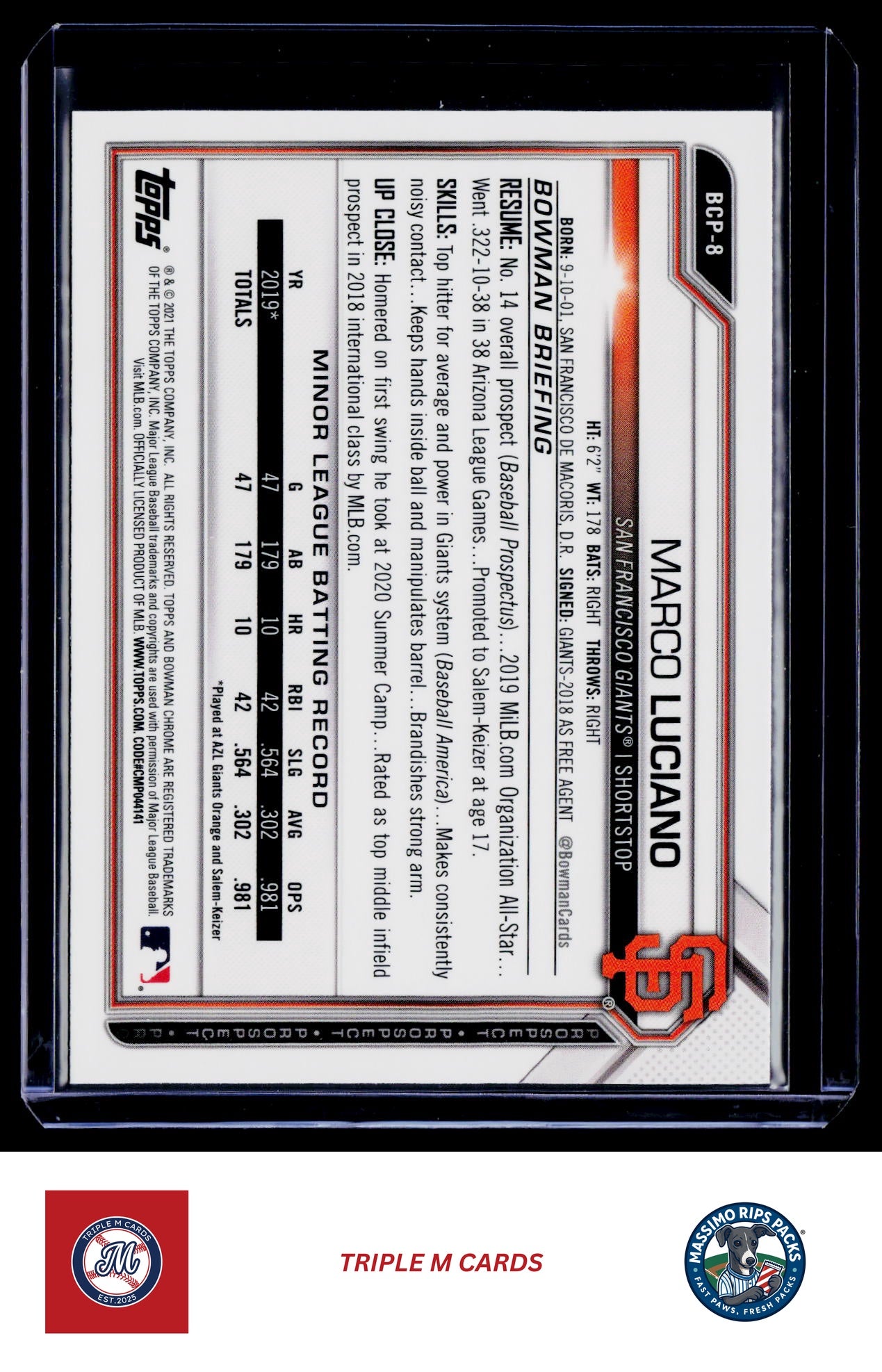 2021 Bowman #BCP-8 Marco Luciano Chrome Prospects