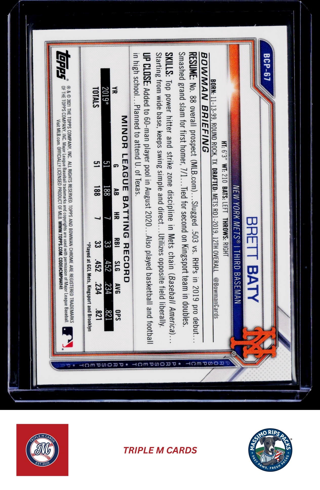 2021 Bowman #BCP-67 Brett Baty Chrome Prospects
