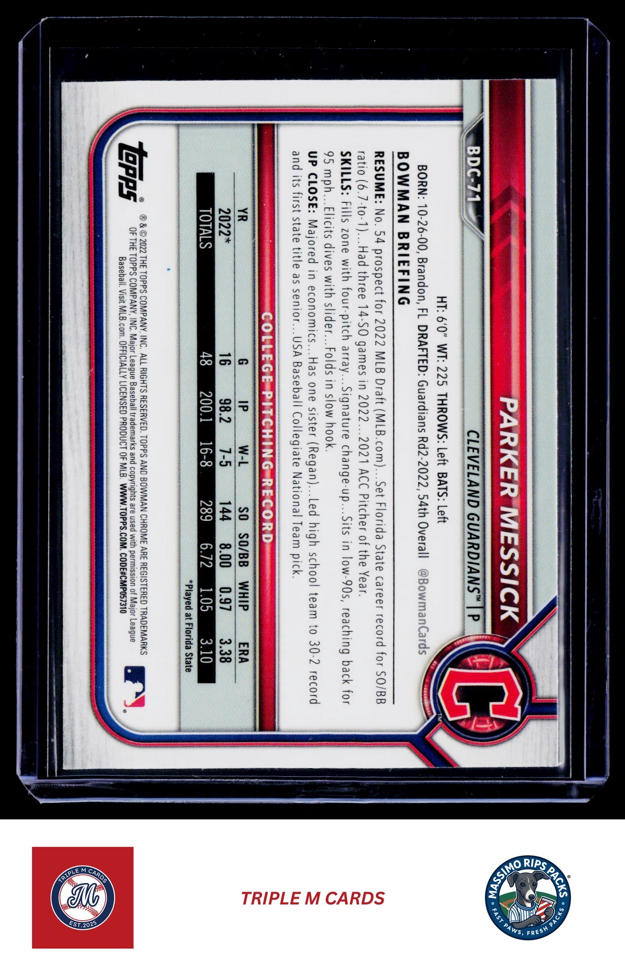 2022 Bowman Draft #BDC-71 Parker Messick Chrome Refractor