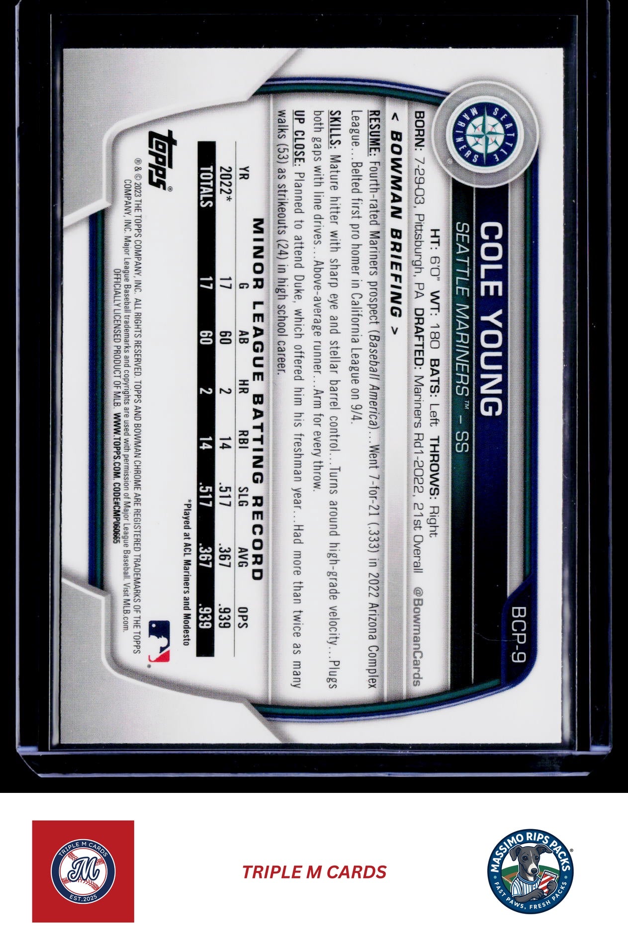 2023 Bowman #BCP-9 Cole Young Chrome Prospects