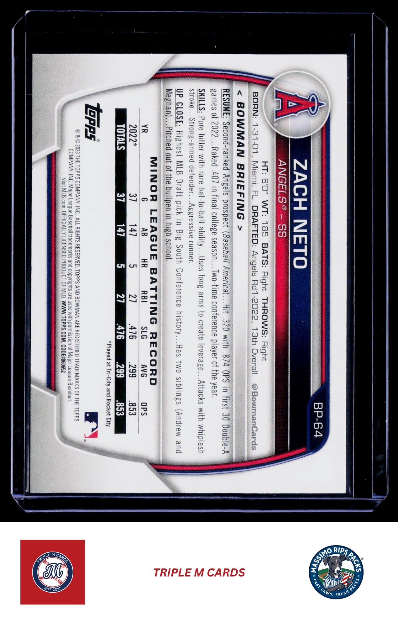 2023 Bowman #BP-64 Zach Neto Prospects