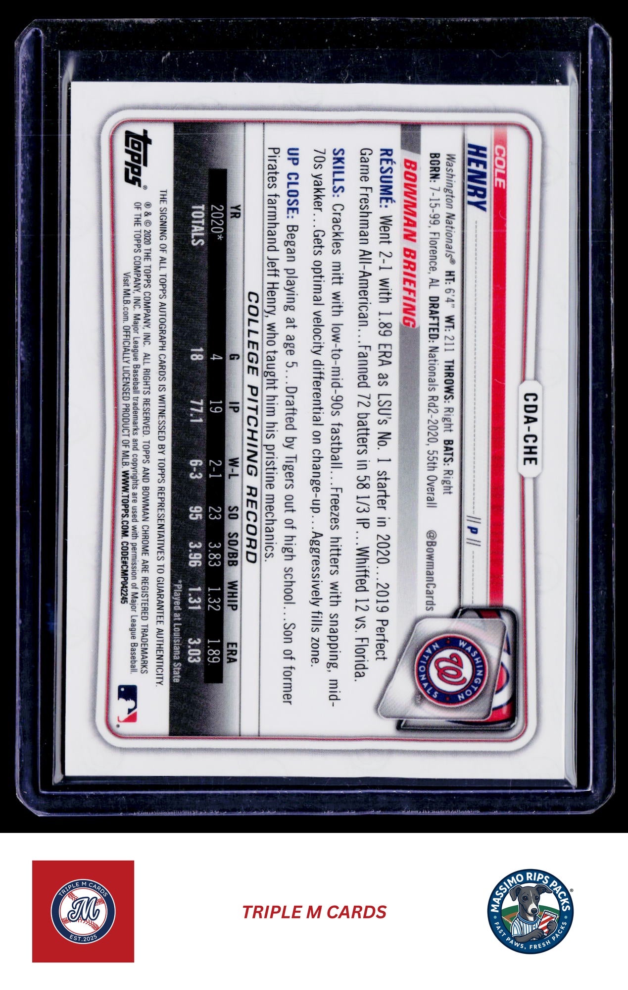 2020 Bowman Draft #CDA-CHE Cole Henry Chrome Draft Pick Autographs Purple #/250