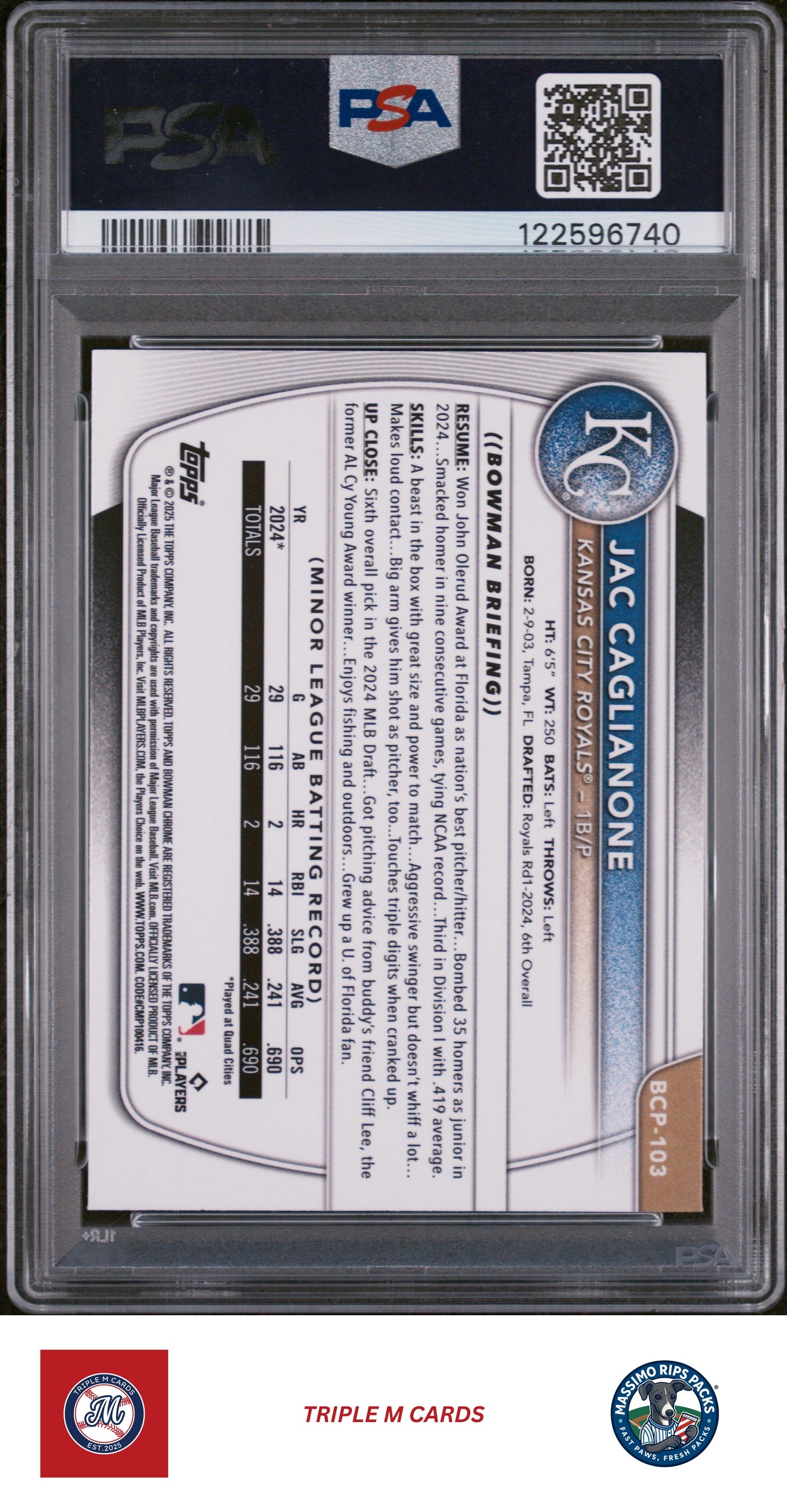 2025 Bowman #BCP-103 Jac Caglianone PSA 9
