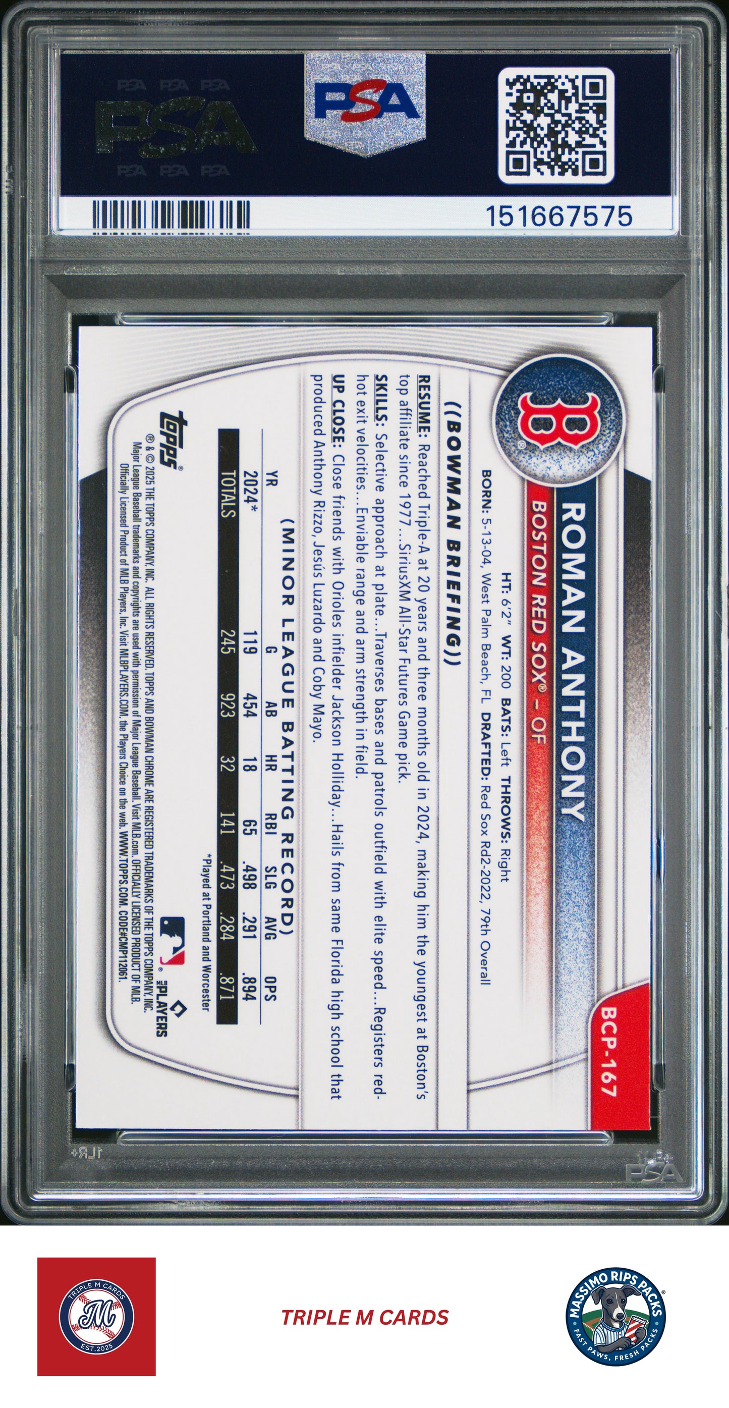 2025 Bowman Chrome #BCP-167 Roman Anthony Prospects Purple Geometric PSA 9 #/250