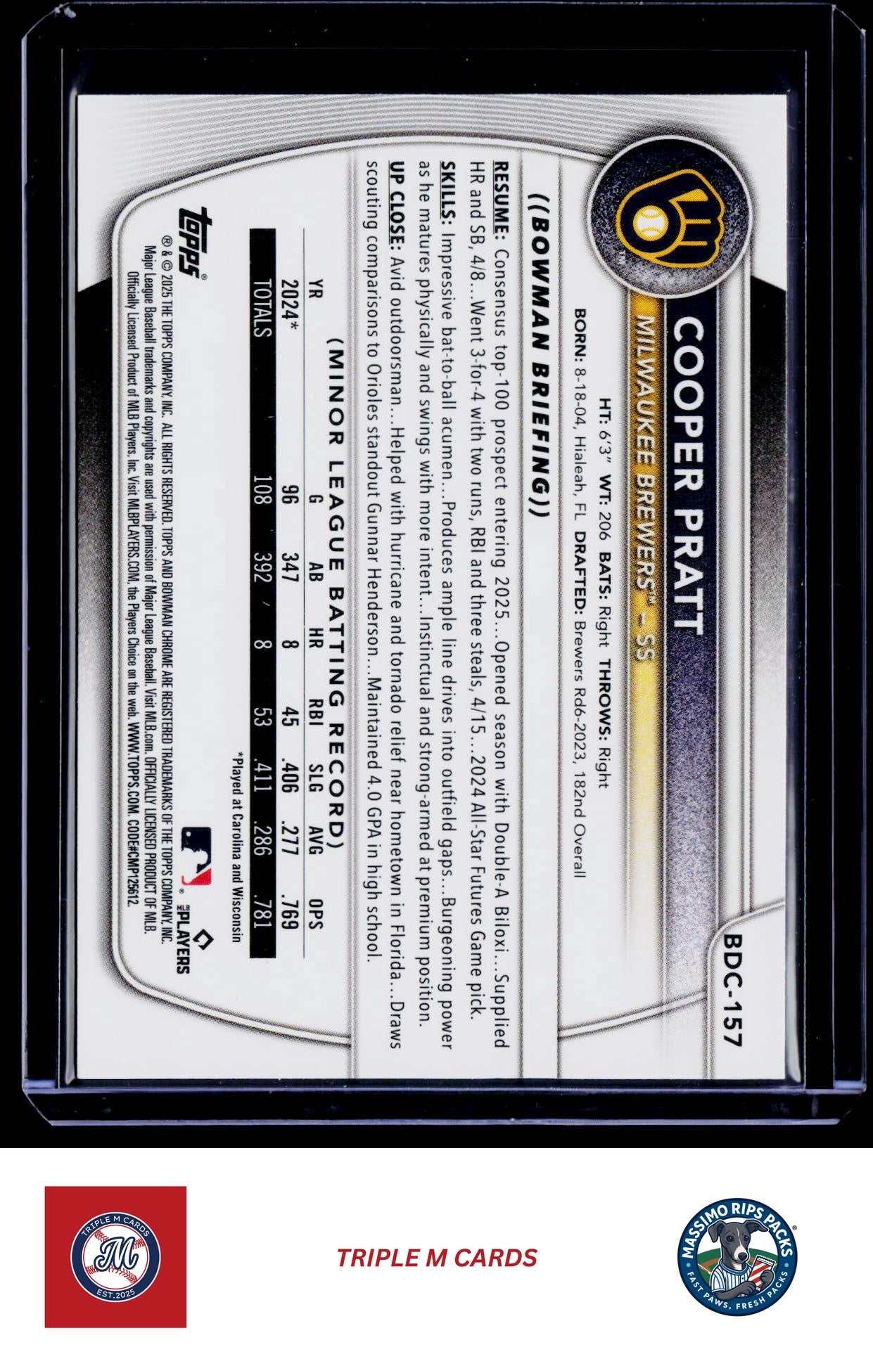 2025 Bowman Draft #BDC-157 Cooper Pratt Chrome Refractor