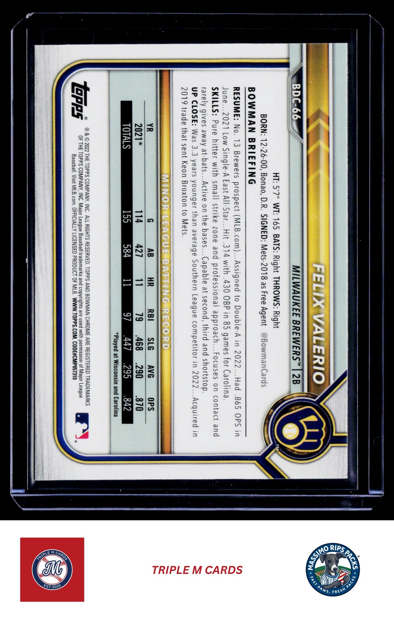 2022 Bowman Draft #BDC-66 Felix Valerio Chrome