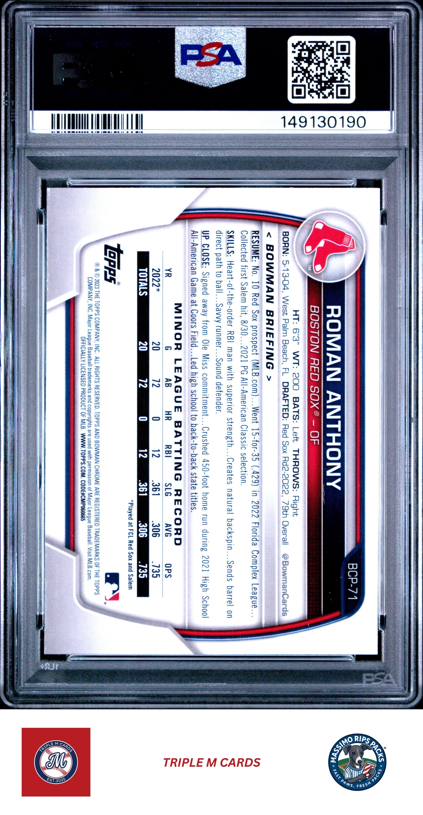 2023 Bowman #BCP-71 Roman Anthony Chrome Prospects PSA 9