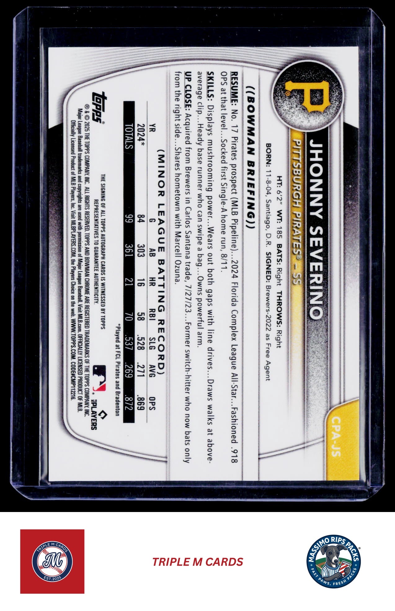 2025 Bowman Chrome #CPA-JS Jhonny Severino Prospect Autographs