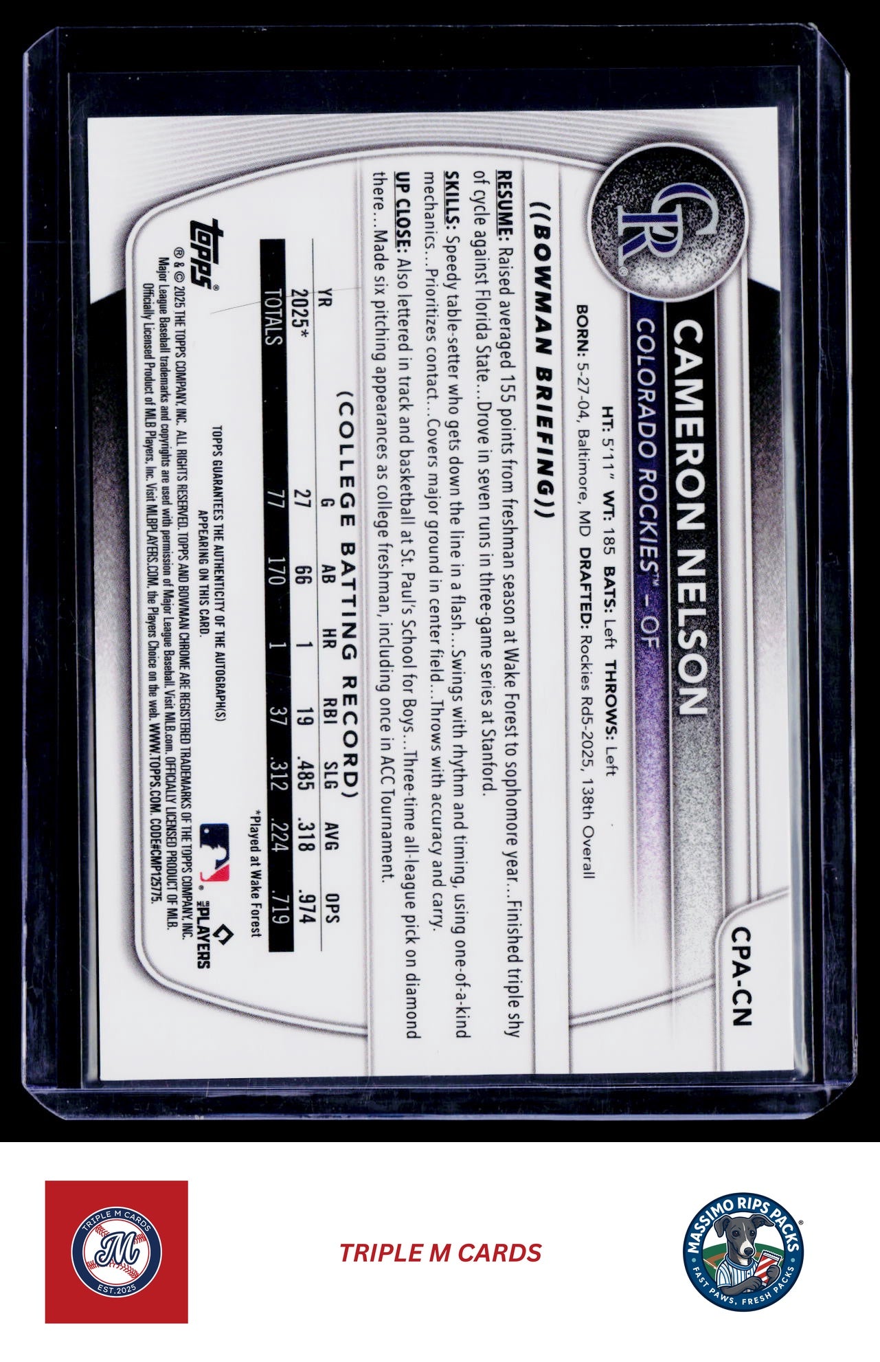 2025 Bowman Draft #CPA-CN Cameron Nelson Chrome Prospect Autographs