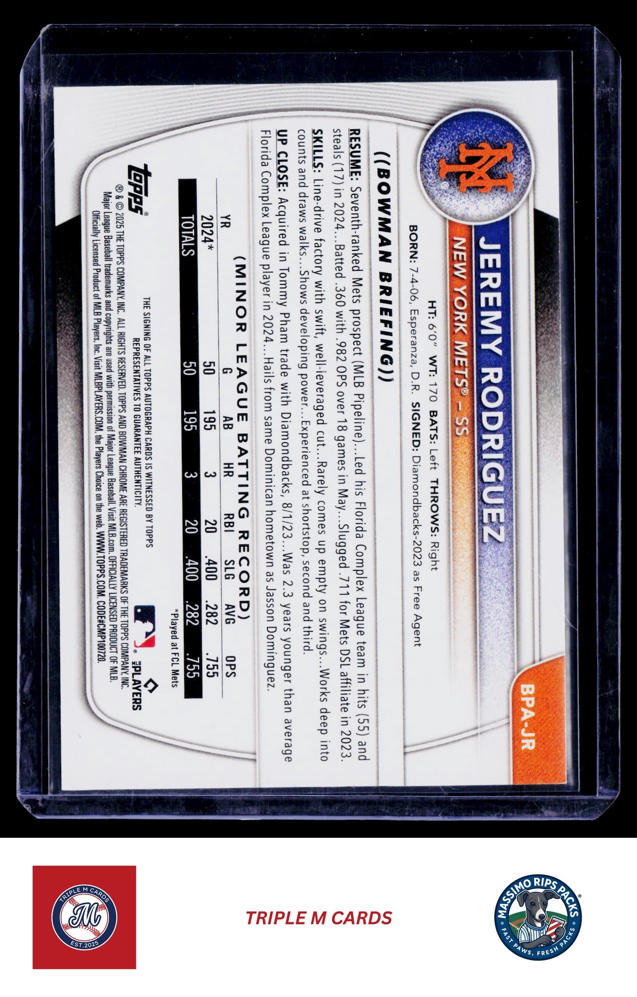 2025 Bowman #BPA-JR Jeremy Rodriguez Prospect Autographs Green #/99