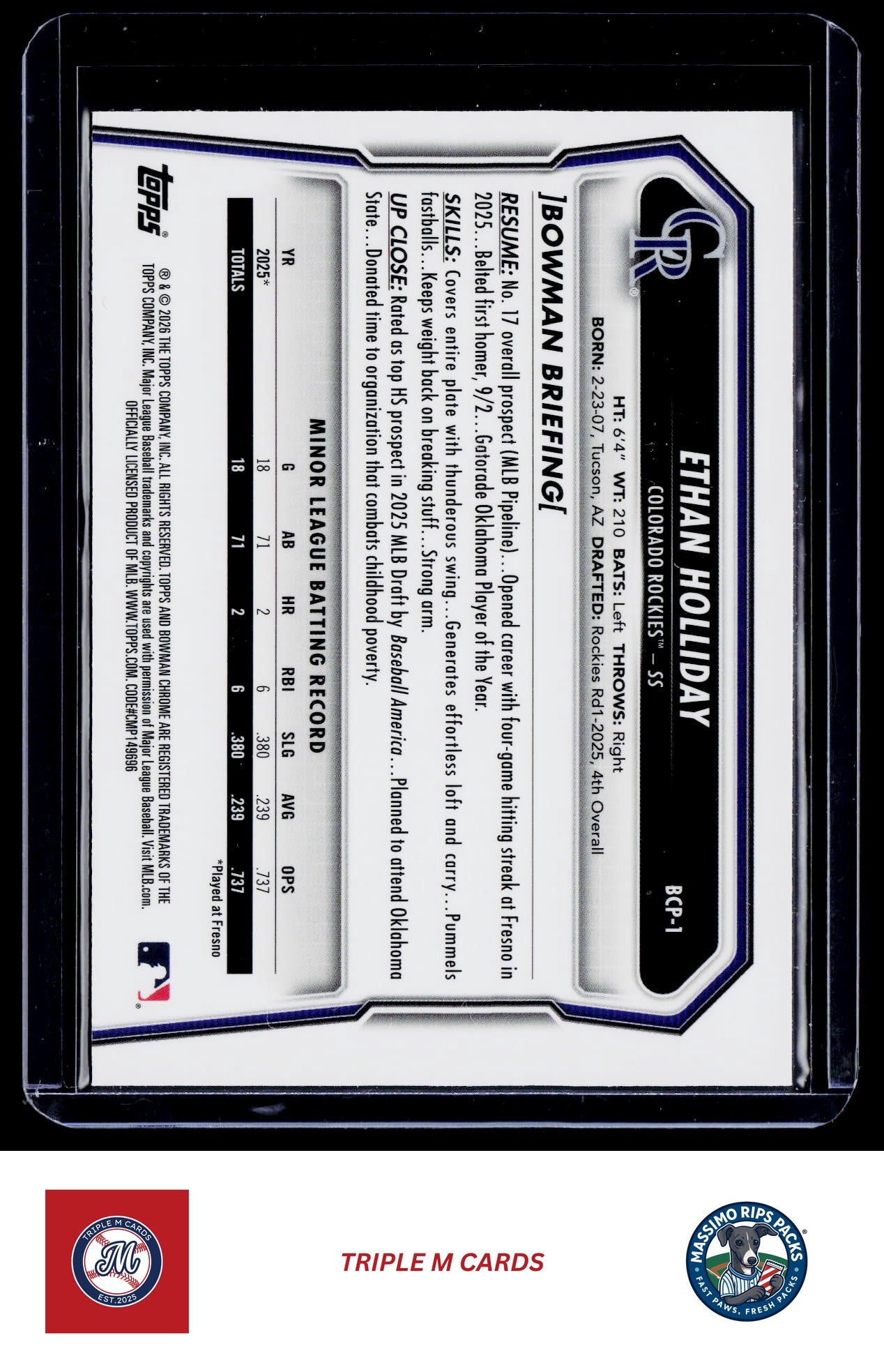 2026 Bowman #BCP-1 Ethan Holliday Chrome Prospects Mojo Refractor