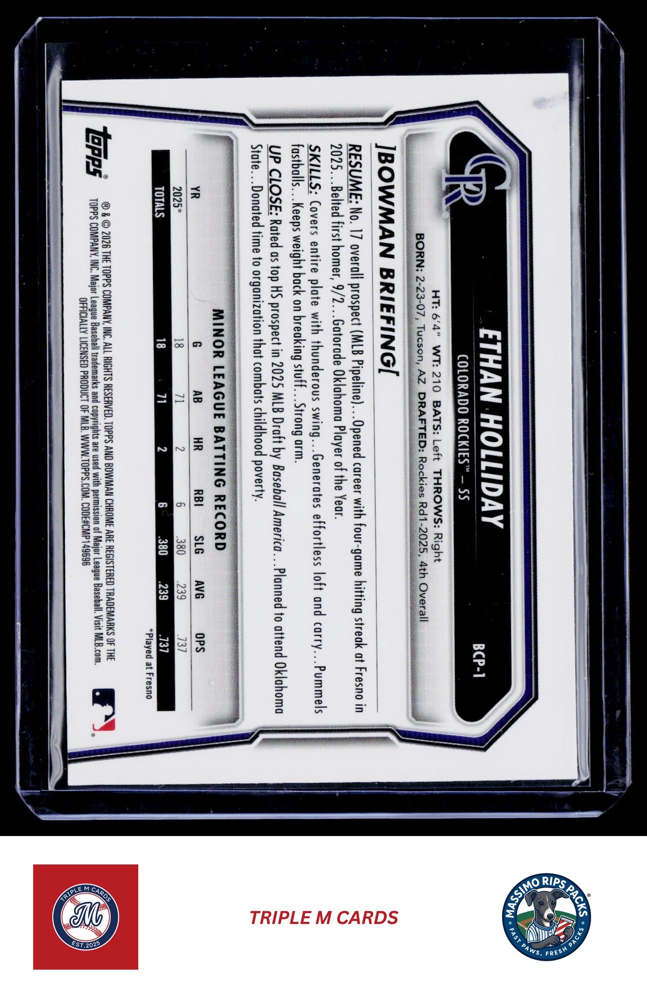 2026 Bowman #BCP-1 Ethan Holliday Chrome Prospects Mojo Refractor