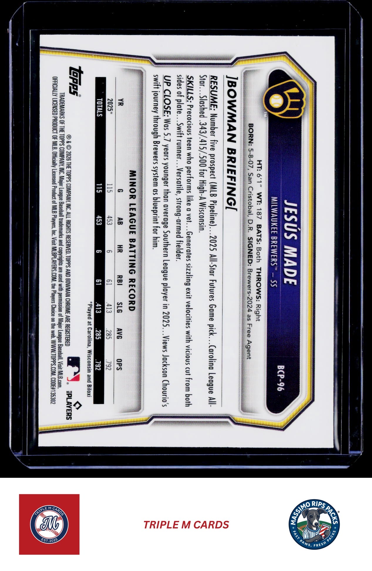 2026 Bowman #BCP-96 Jesús Made Chrome Prospects Speckle Refractor #/299