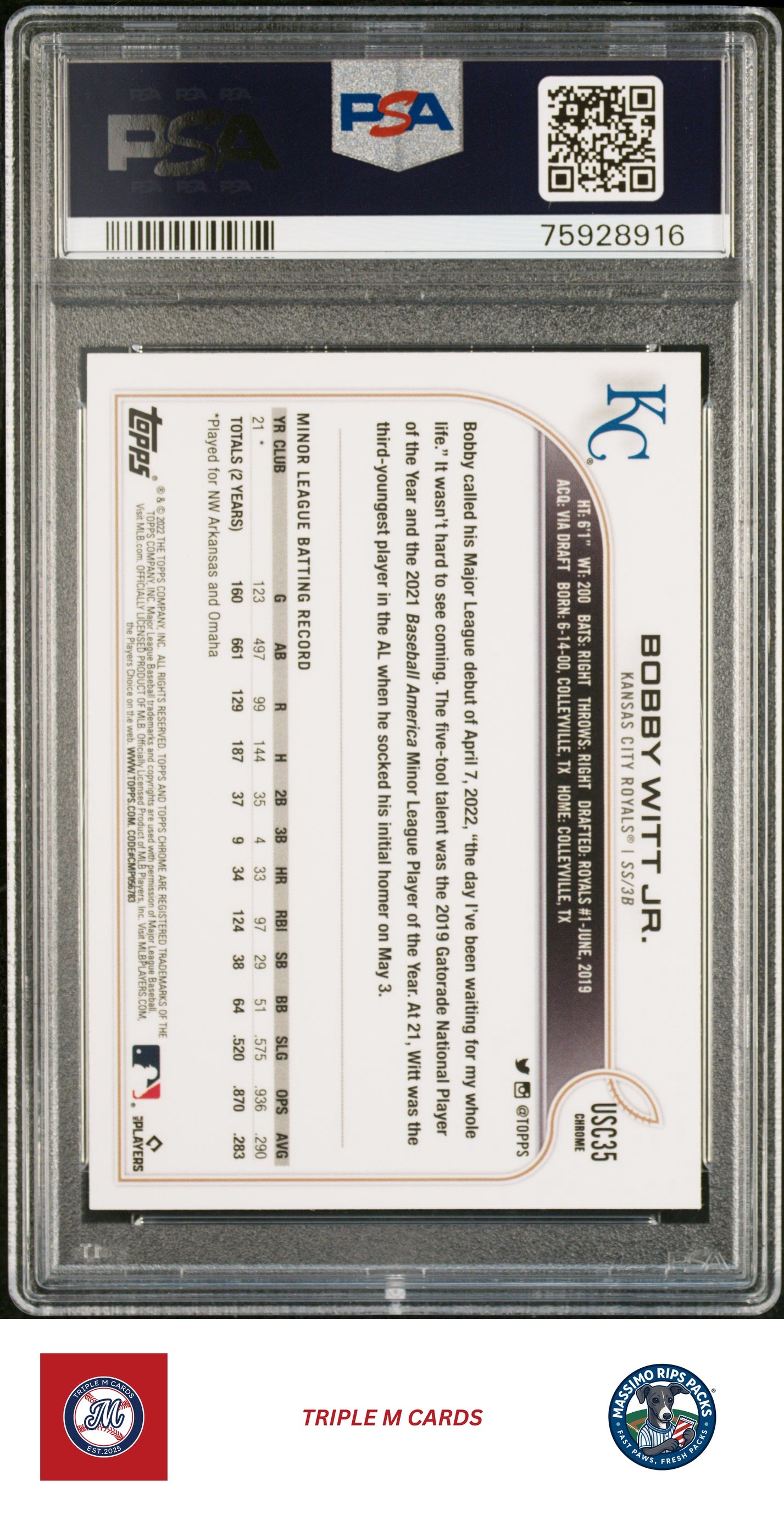 2022 Topps Chrome Update #USC35 Bobby Witt Jr. Purple Refractor PSA 8