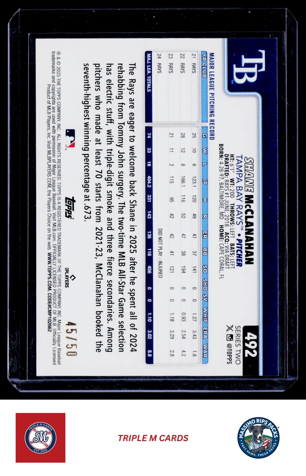 2025 Topps #492 Shane McClanahan Gold Holo Foil #/50