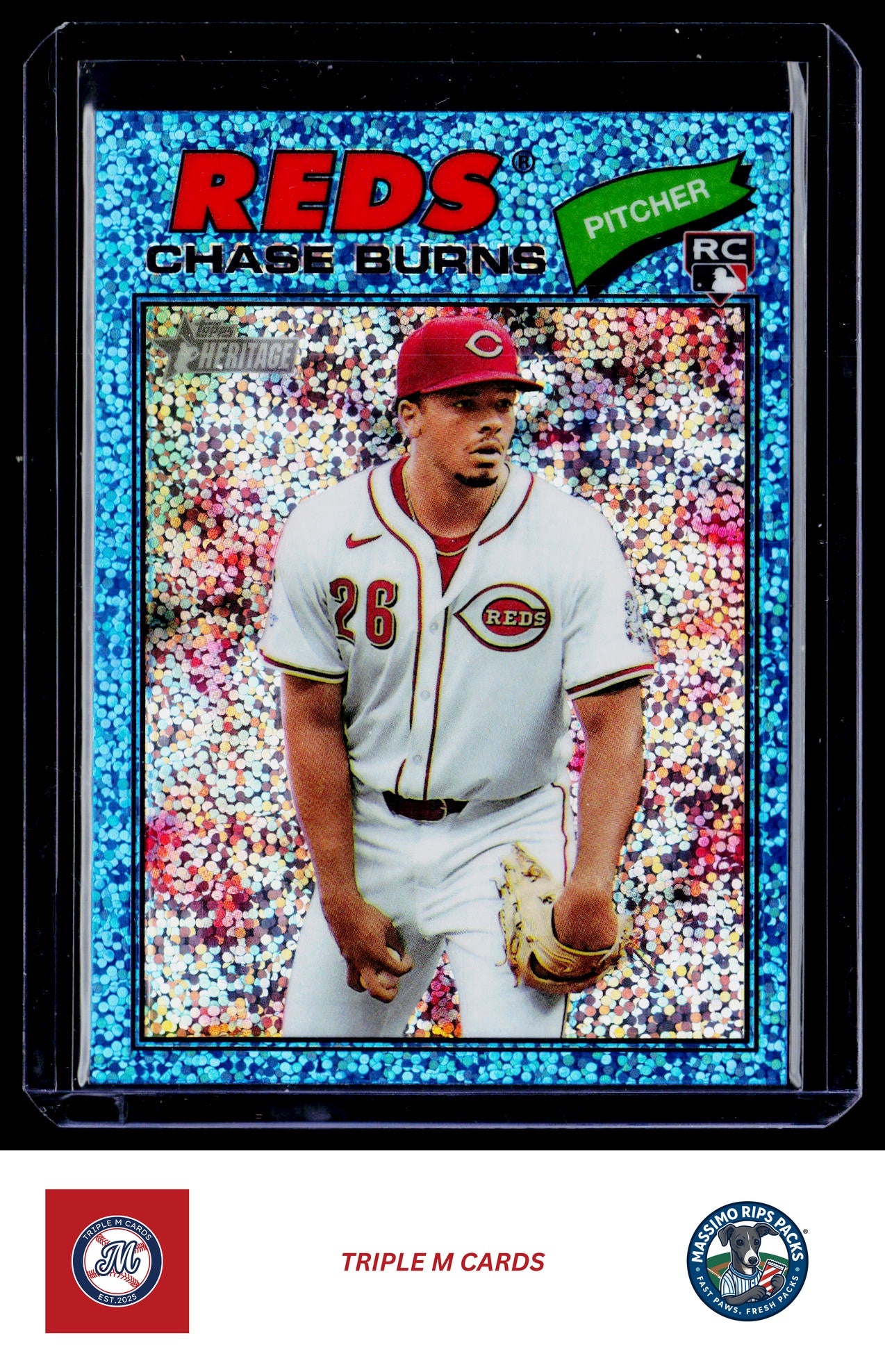 2026 Topps Heritage #212 Chase Burns Chrome Light Blue Sparkle Refractors