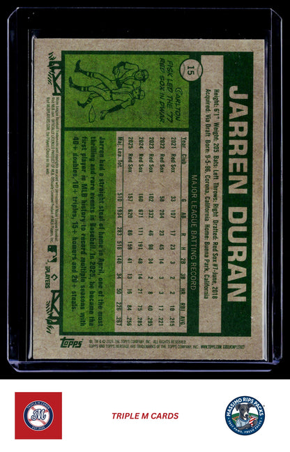 2026 Topps Heritage #15 Jarren Duran Chrome Light Blue Sparkle Refractors