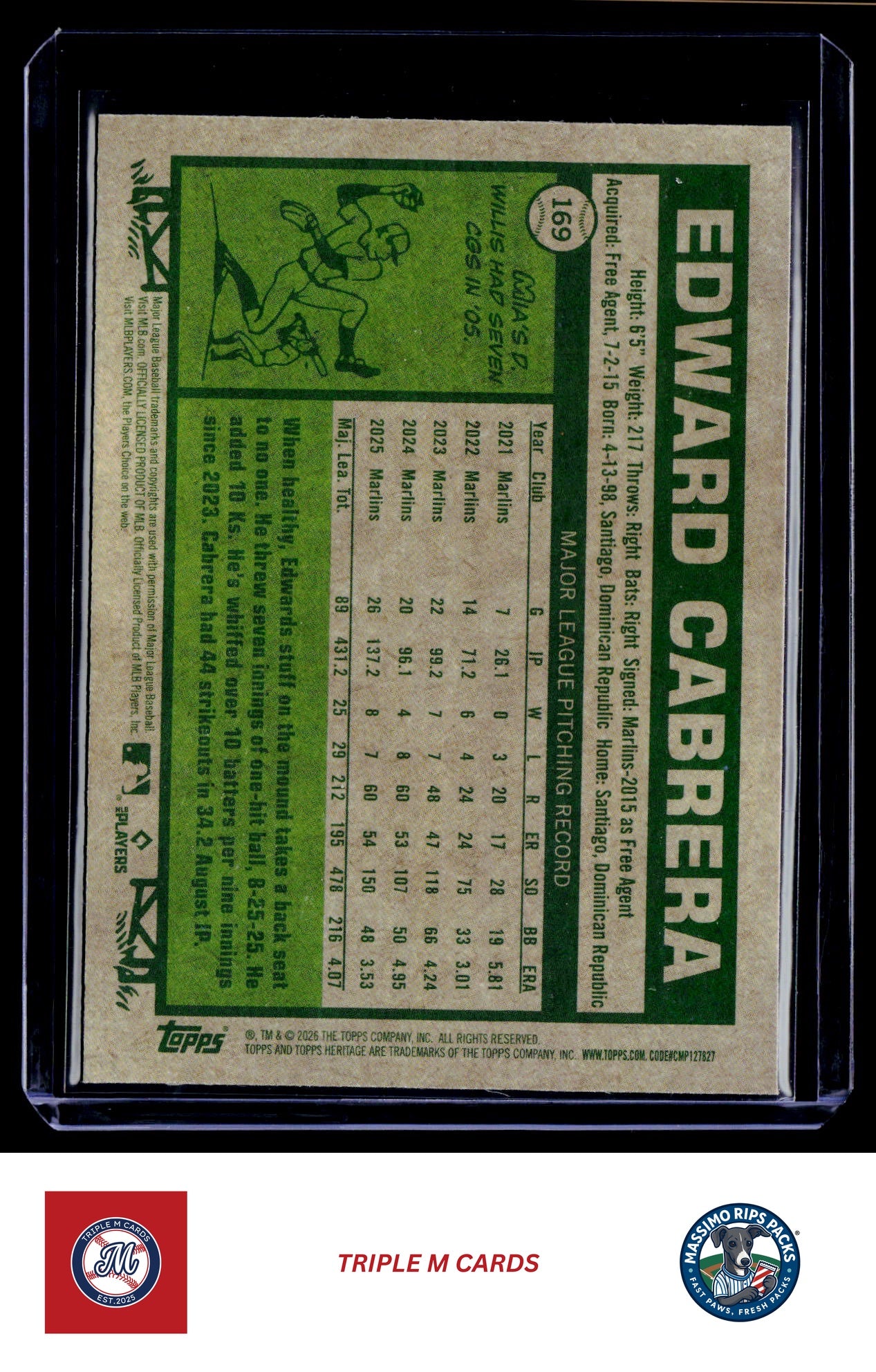 2026 Topps Heritage #169 Edward Cabrera Chrome Light Blue Sparkle Refractors