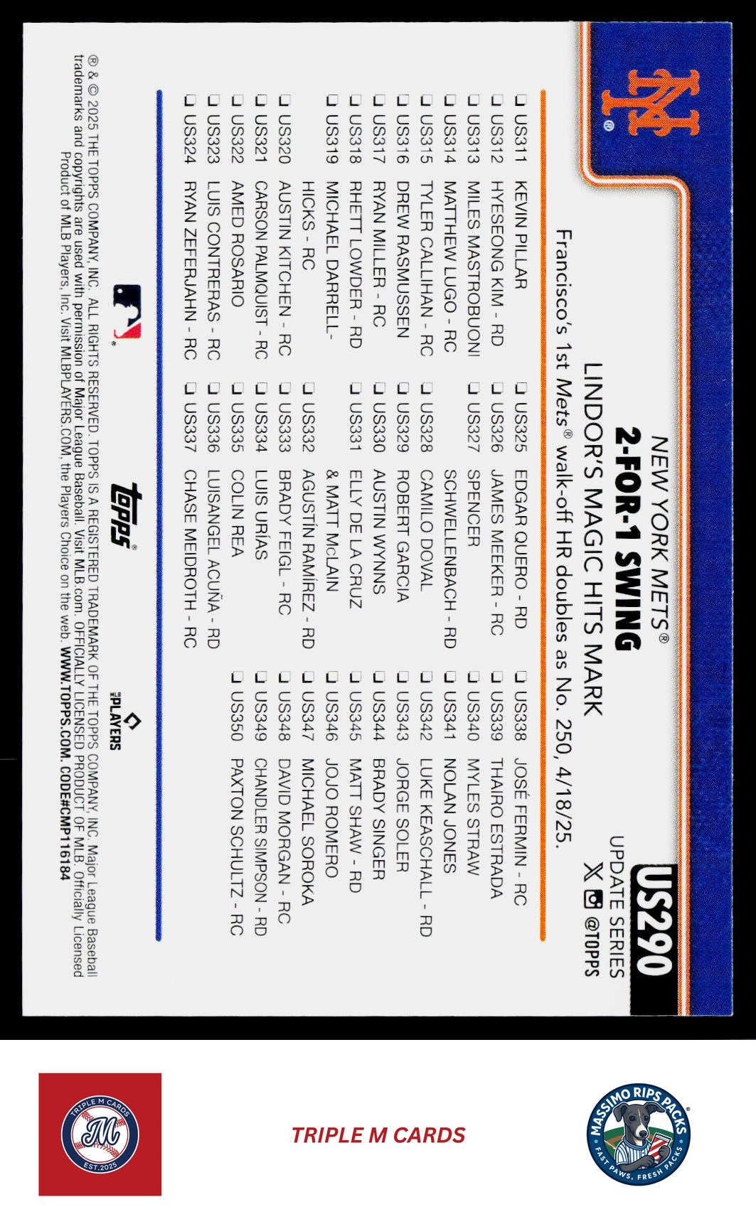 2025 Topps Update #US290 2-For-1 Swing (Francisco Lindor)