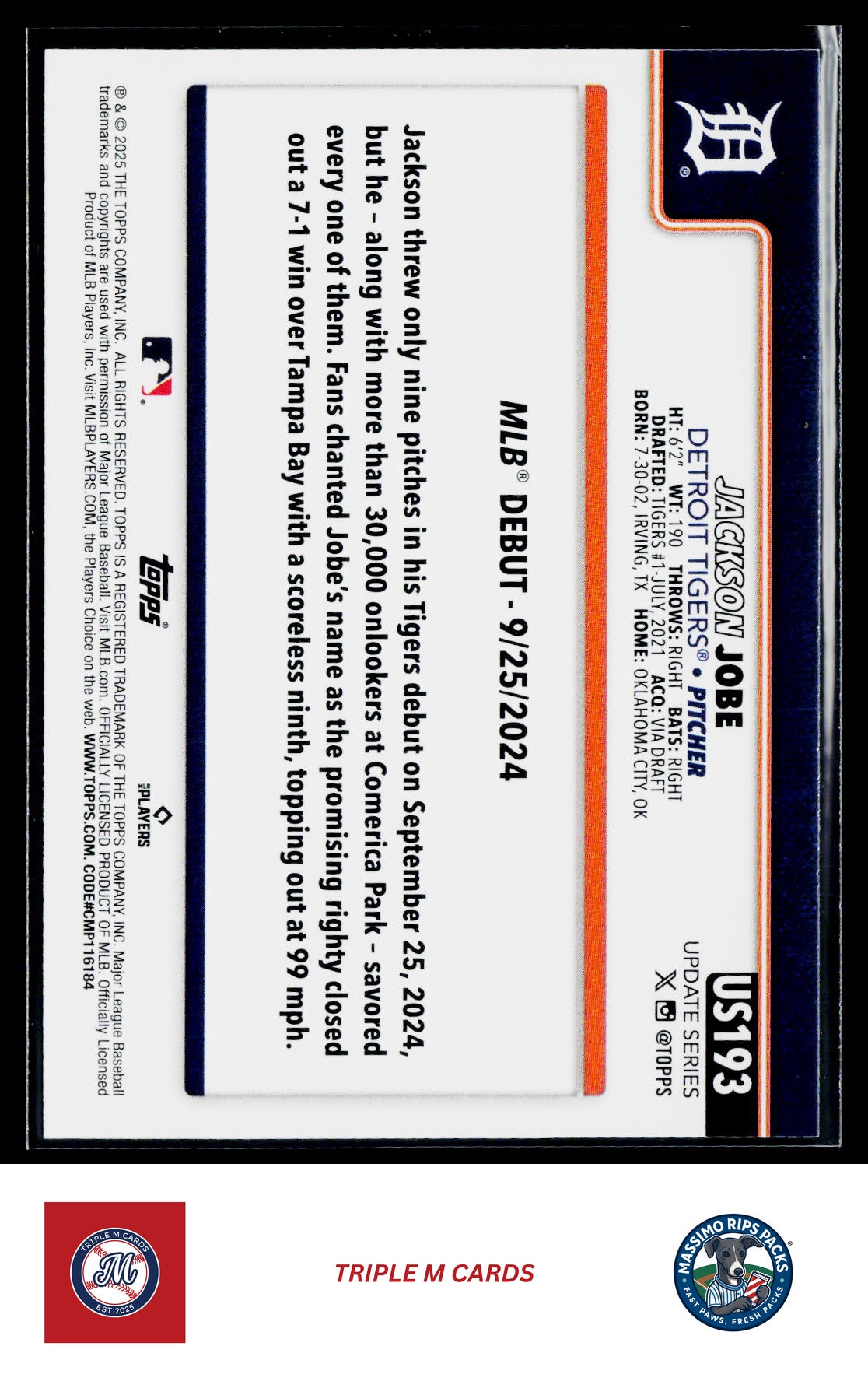 2025 Topps Update #US193 Jackson Jobe