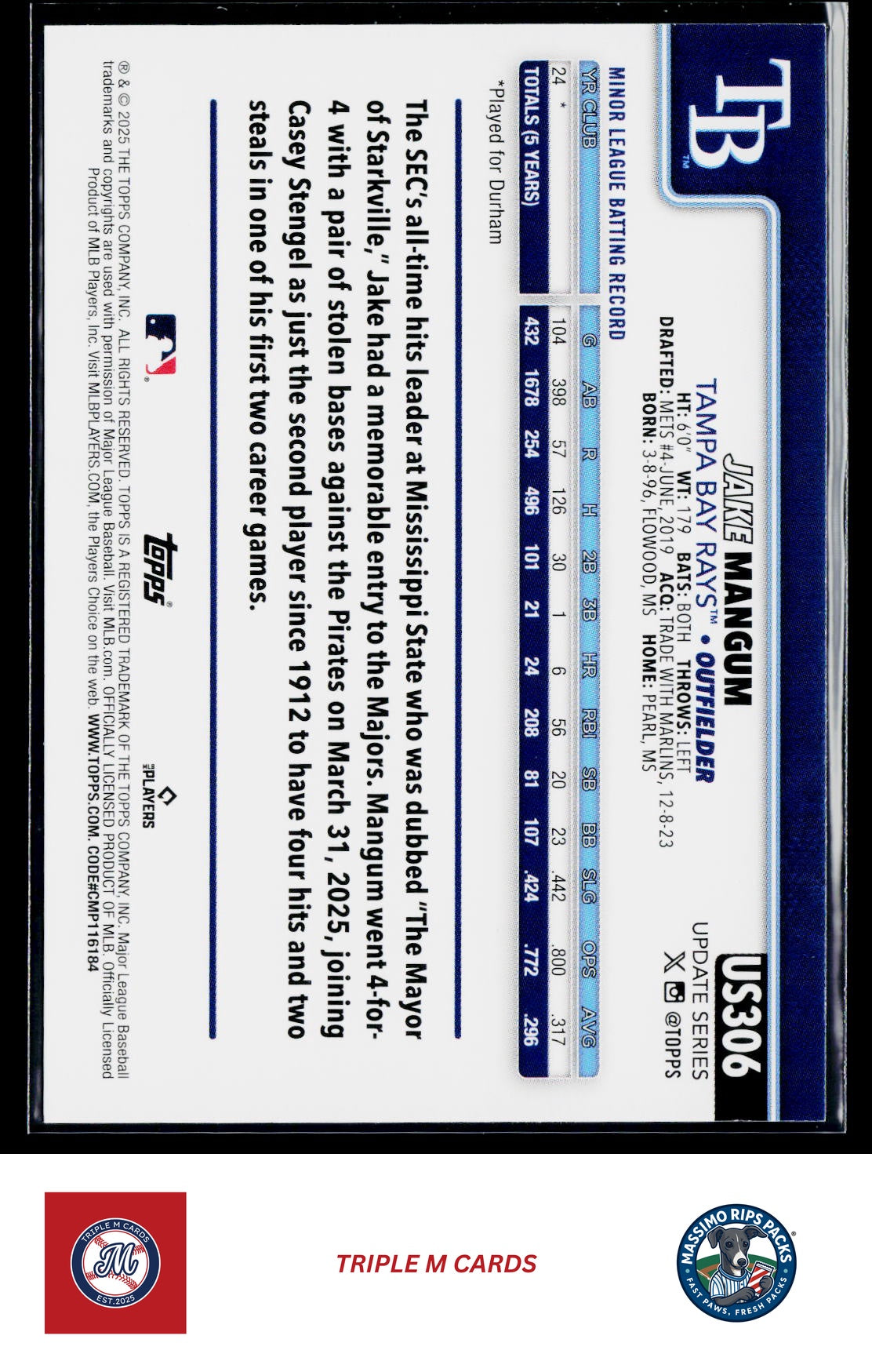 2025 Topps Update #US306 Jake Mangum