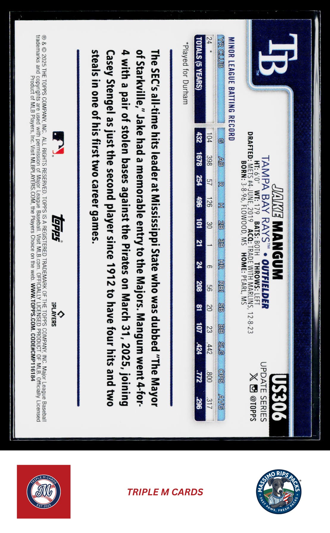 2025 Topps Update #US306 Jake Mangum