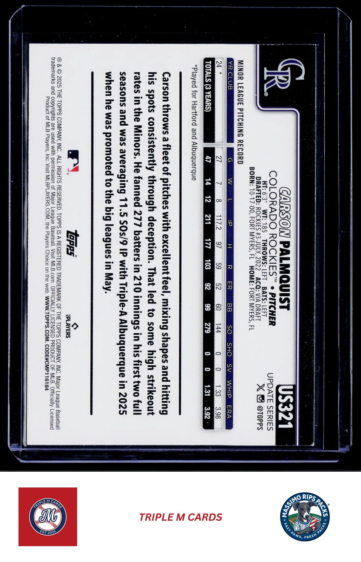 2025 Topps Update #US321 Carson Palmquist Holo Foil