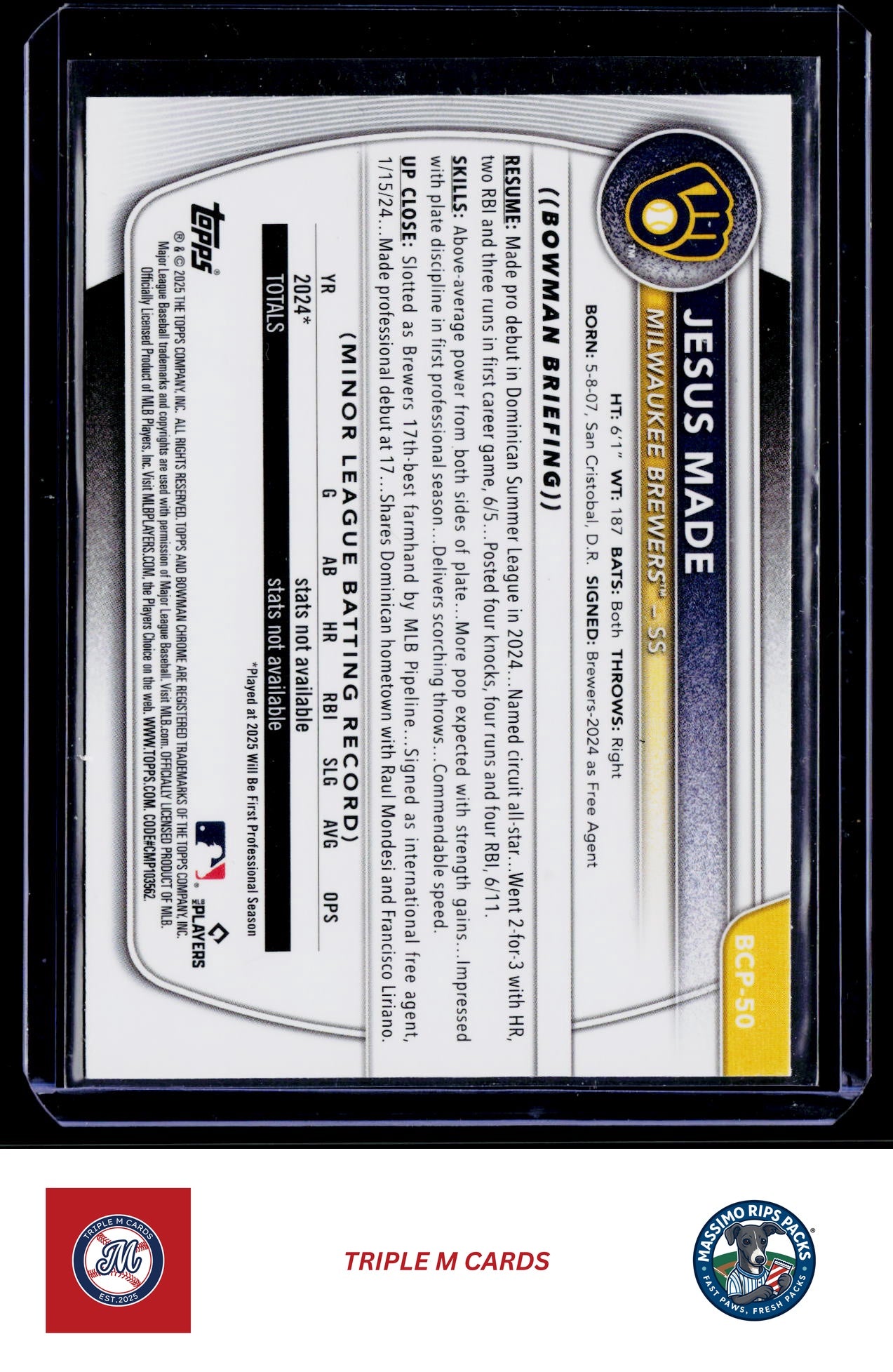 2025 Bowman #BCP-50 Jesus Made Chrome Prospects Mojo Refractor