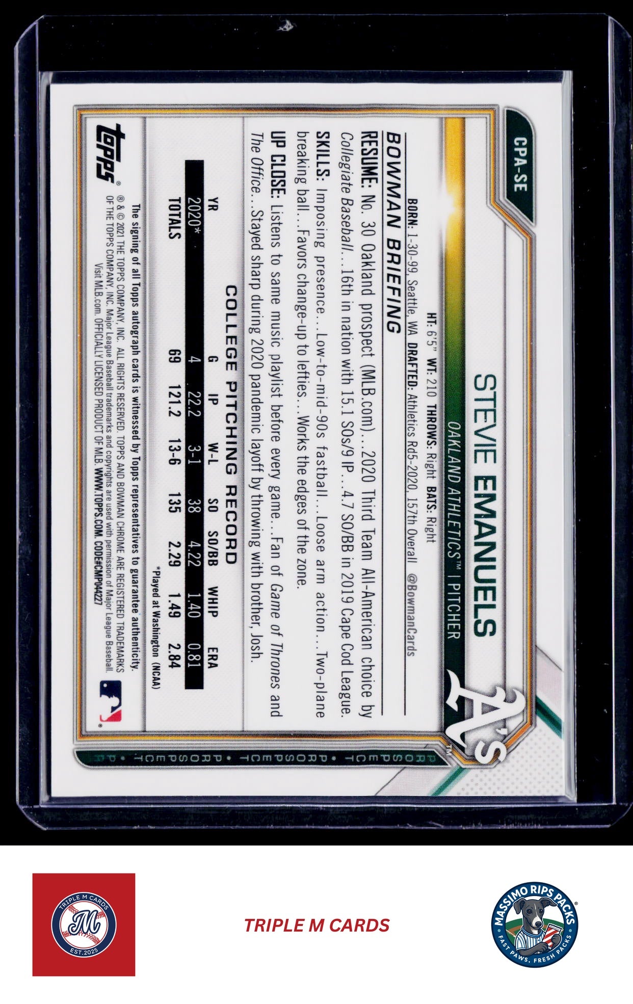 2021 Bowman #CPA-SE Stevie Emanuels Chrome Prospect Autographs