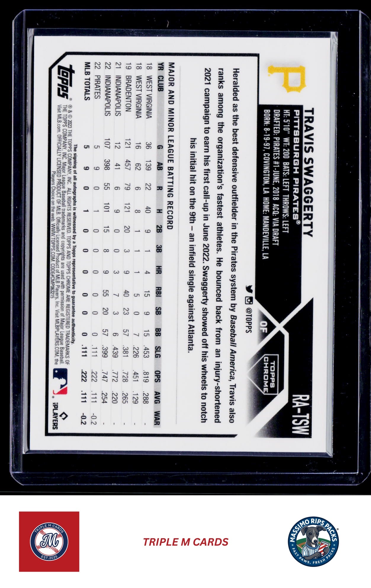 2023 Topps Chrome #RA-TSW Travis Swaggerty Rookie Autographs