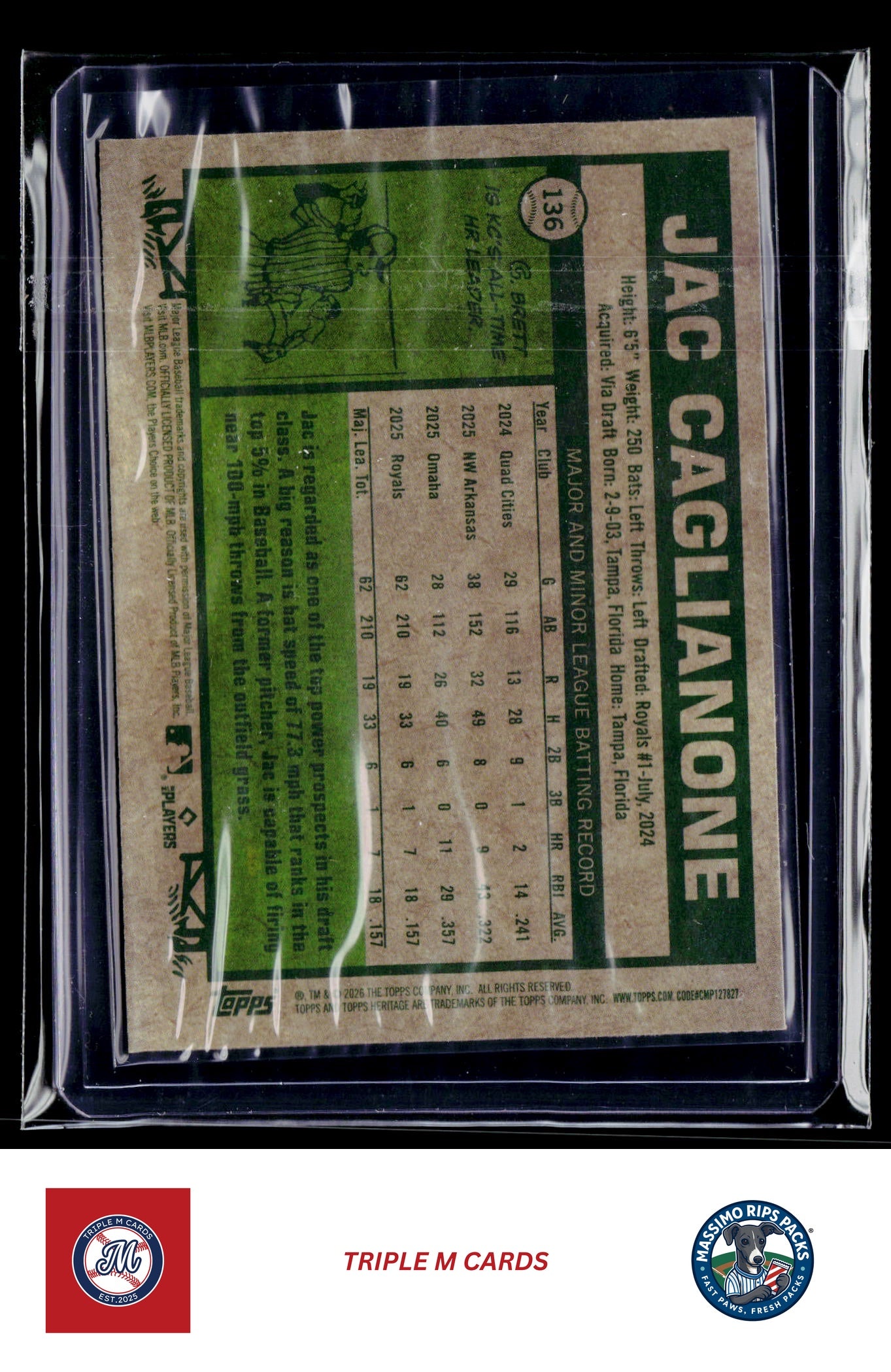 2026 Topps Heritage #136 Jac Caglianone Chrome Light Blue Sparkle Refractors