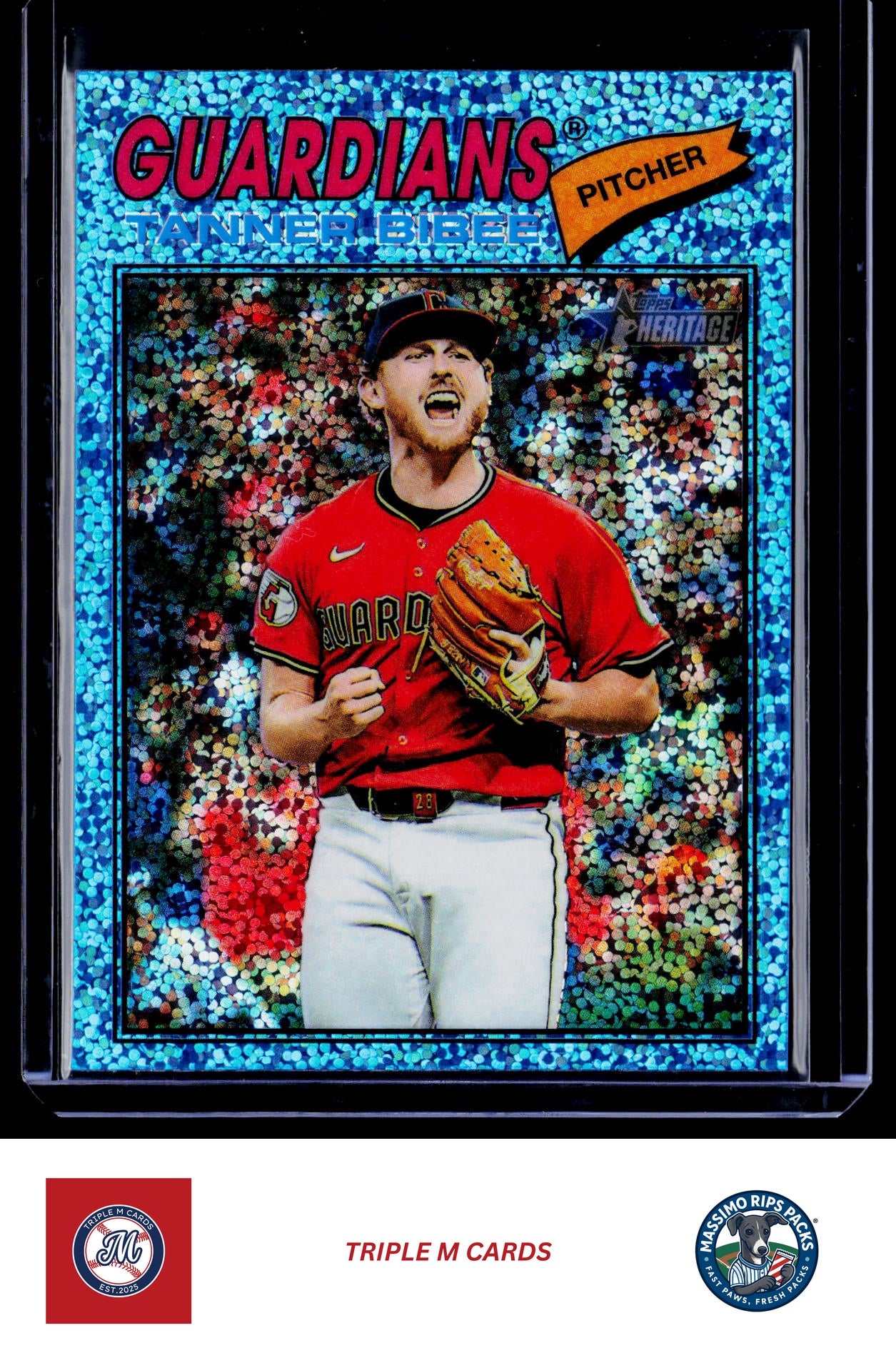 2026 Topps Heritage #74 Tanner Bibee Chrome Light Blue Sparkle Refractors