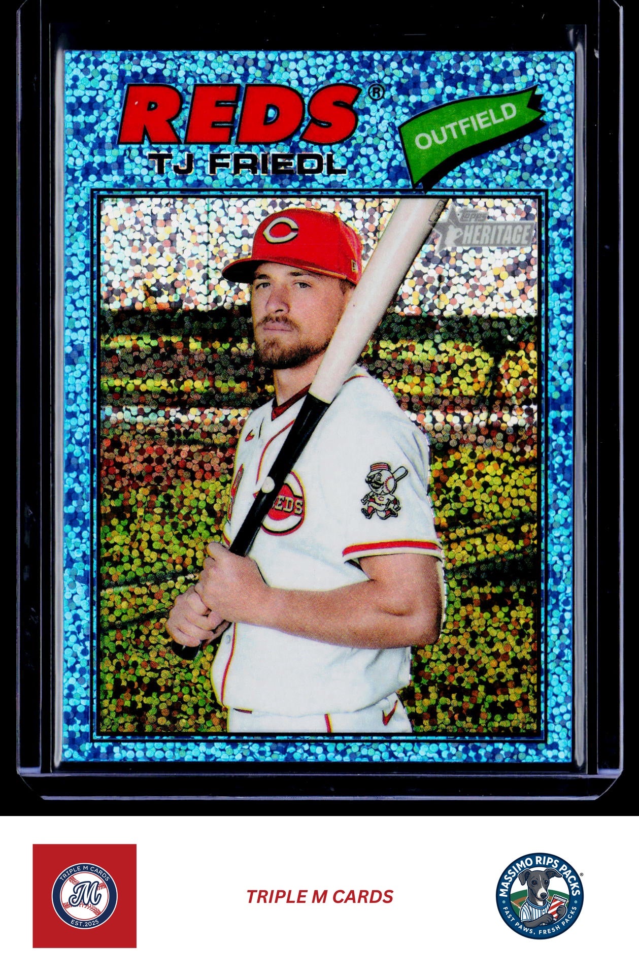 2026 Topps Heritage #296 TJ Friedl Chrome Light Blue Sparkle Refractors