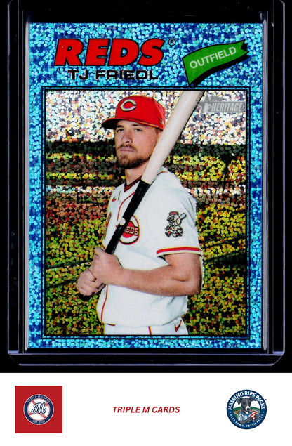 2026 Topps Heritage #296 TJ Friedl Chrome Light Blue Sparkle Refractors