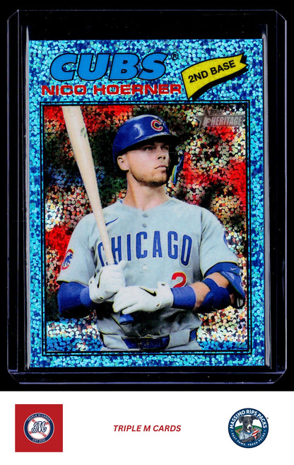 2026 Topps Heritage #28 Nico Hoerner Chrome Light Blue Sparkle Refractors