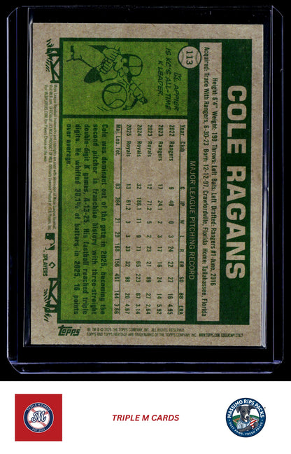 2026 Topps Heritage #113 Cole Ragans Chrome Light Blue Sparkle Refractors